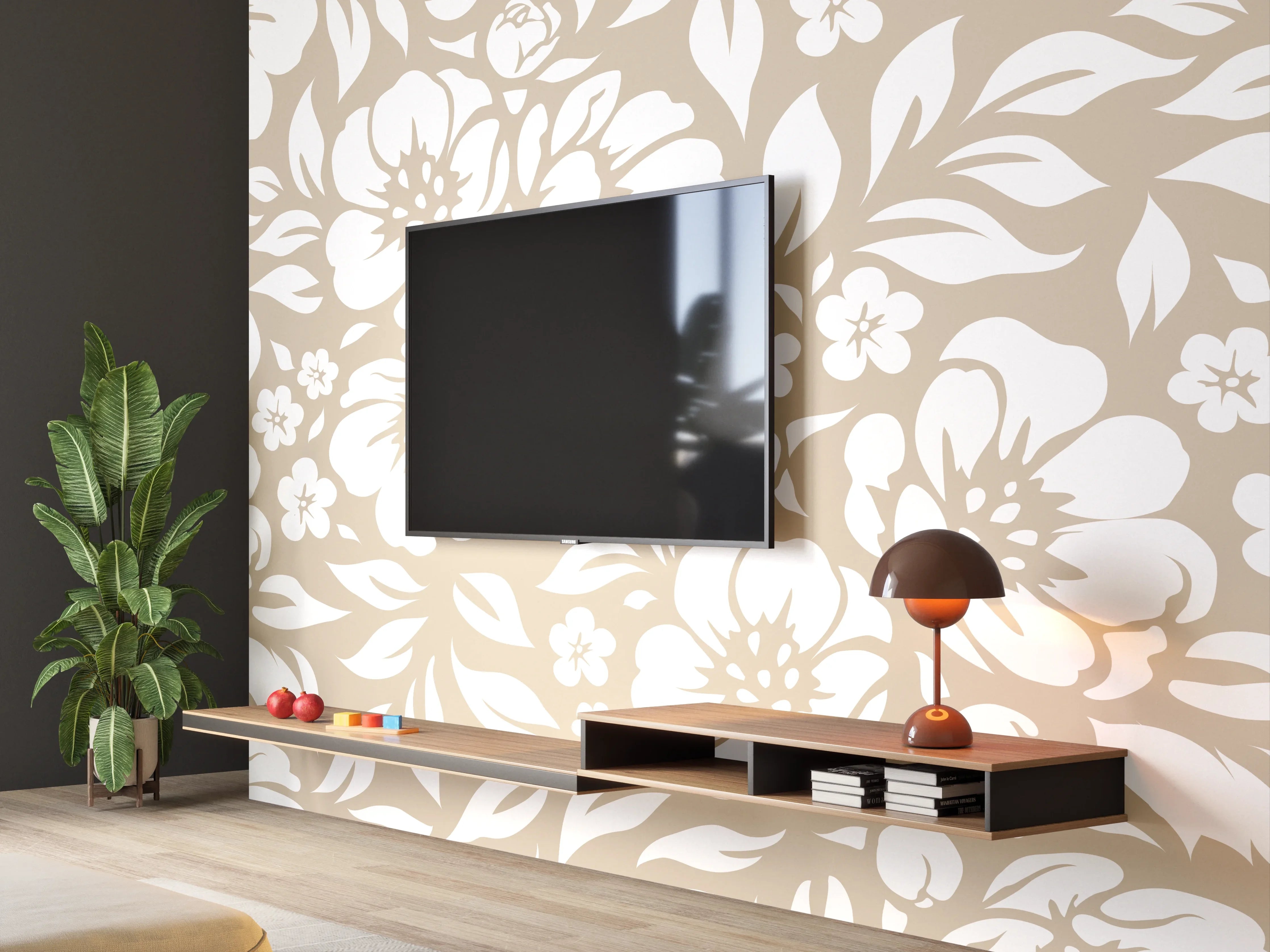 Wandverkleidung Wohnzimmer - Helle Blumenmuster in Beige und Weiß