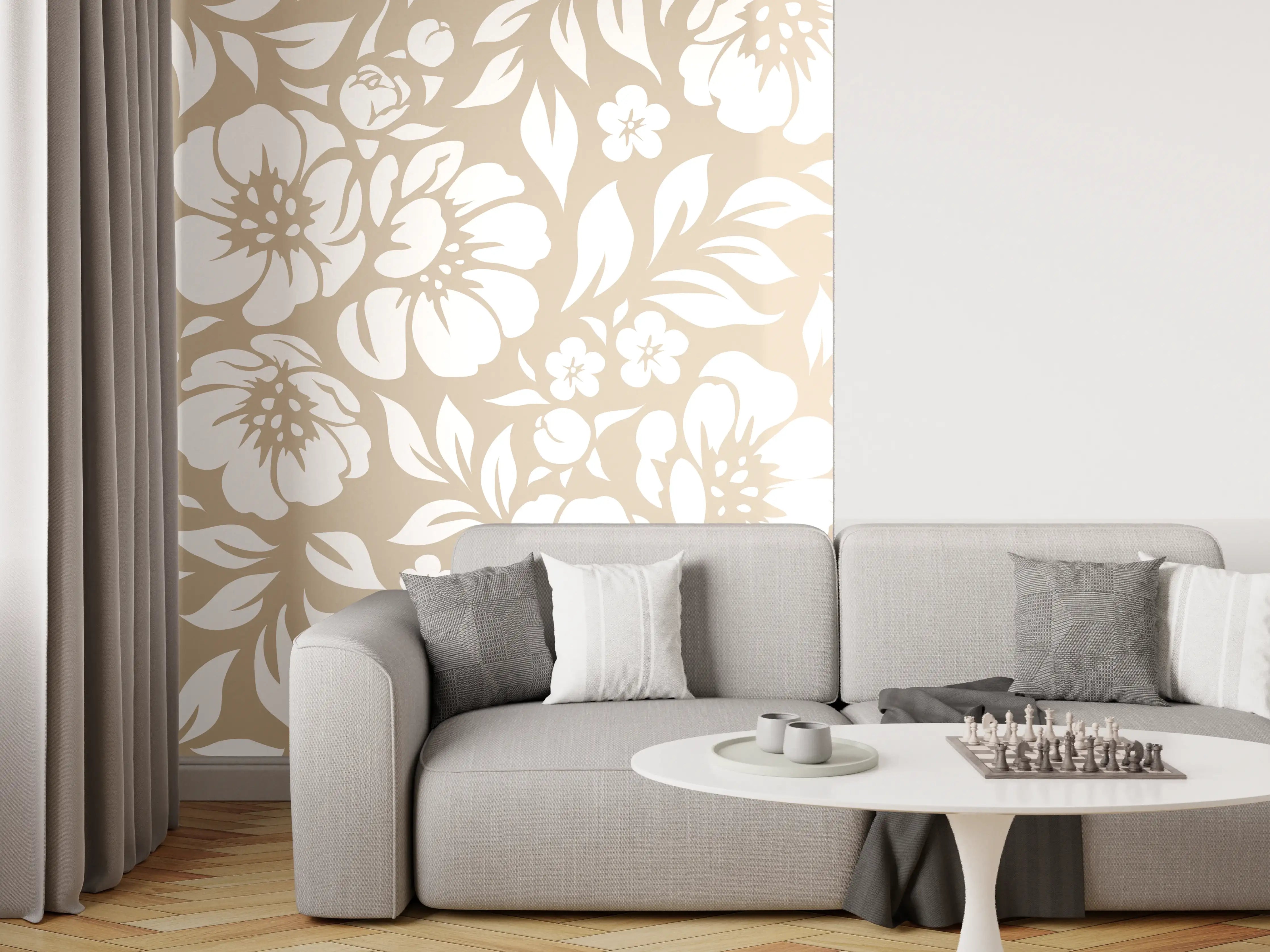 Wandverkleidung Wohnzimmer - Helle Blumenmuster in Beige und Weiß