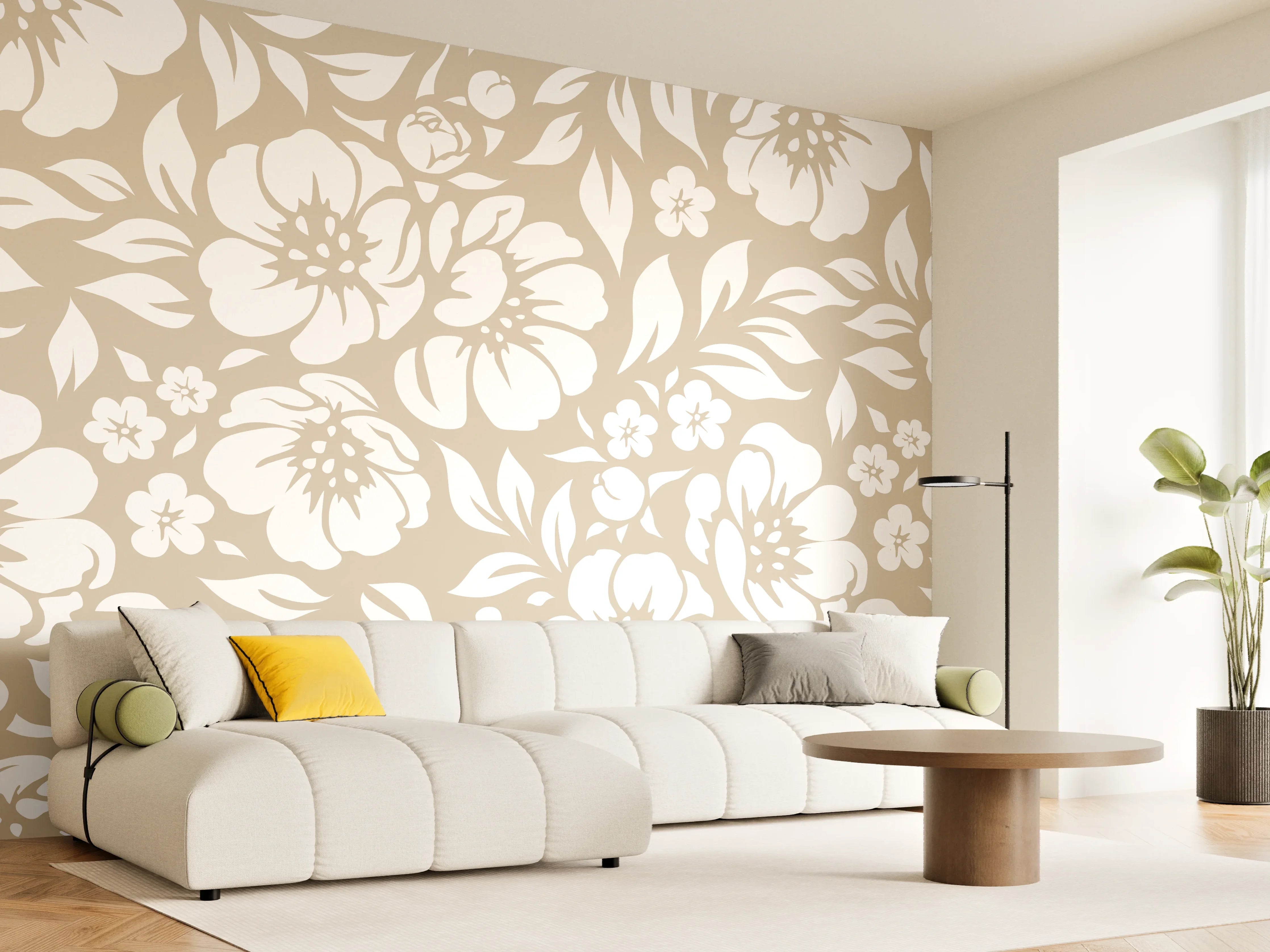 Wandverkleidung Wohnzimmer - Helle Blumenmuster in Beige und Weiß