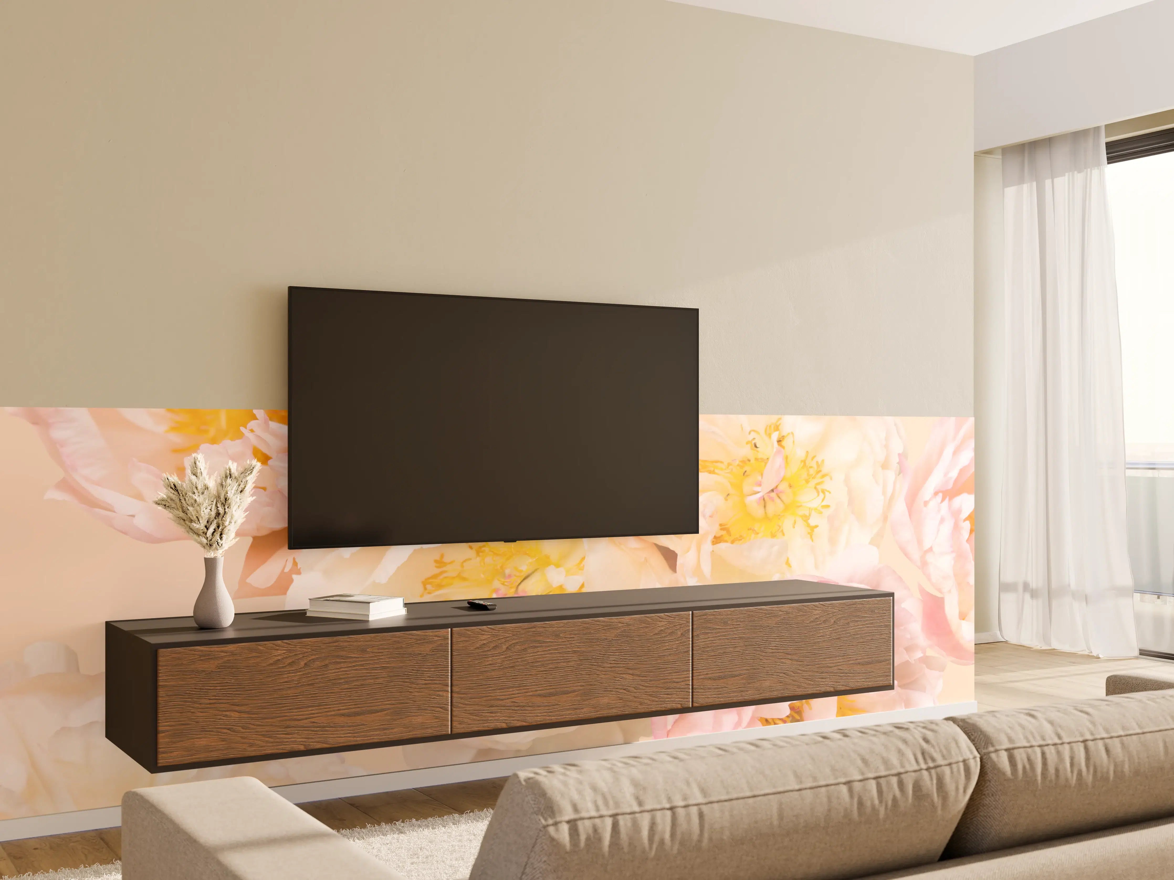 Wandverkleidung Wohnzimmer - Helle Blumenpracht in sanften Pastelltönen