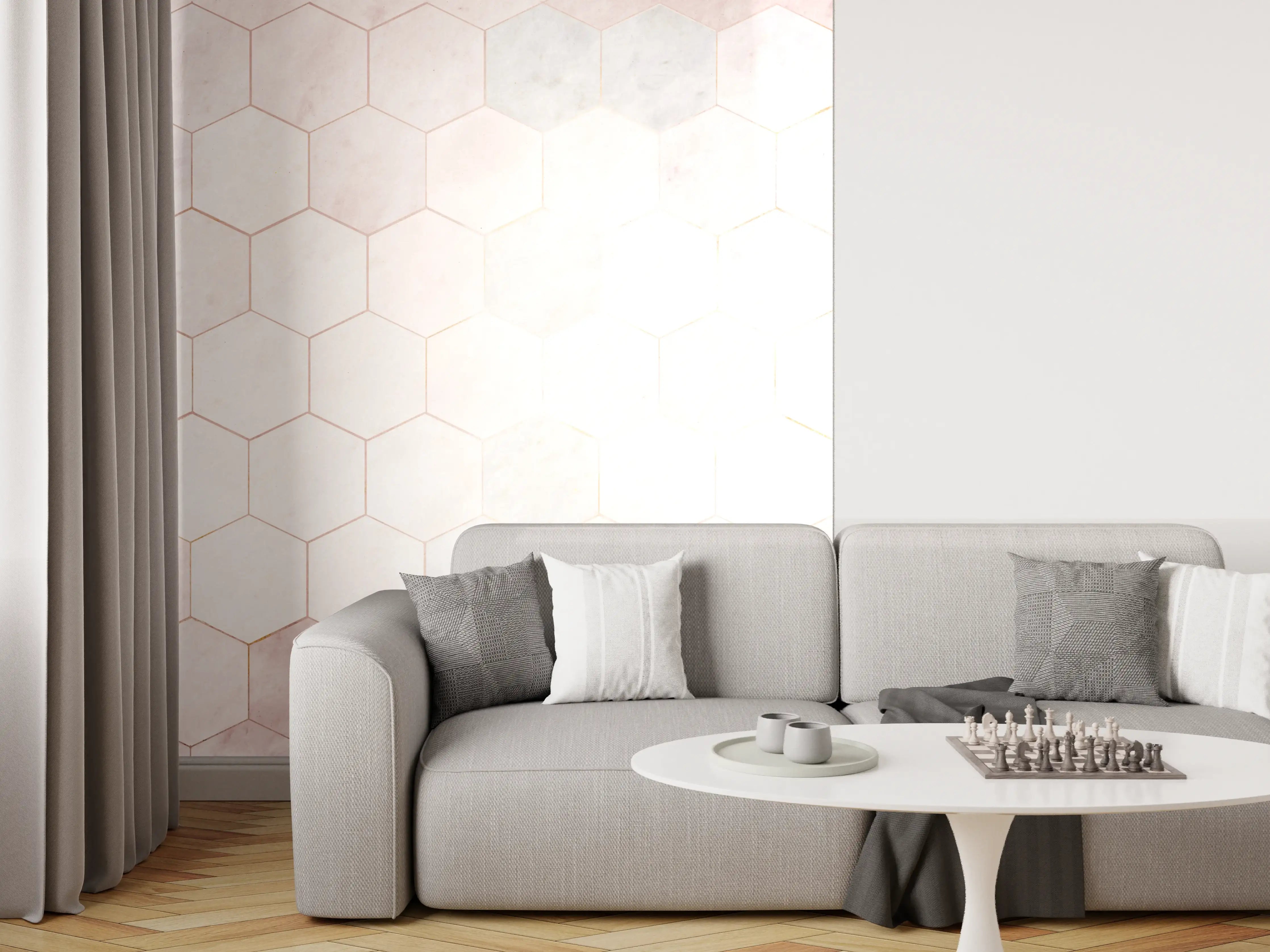 Wandverkleidung Wohnzimmer - Helle Hexagon-Fliesen mit pastellfarbenem Muster