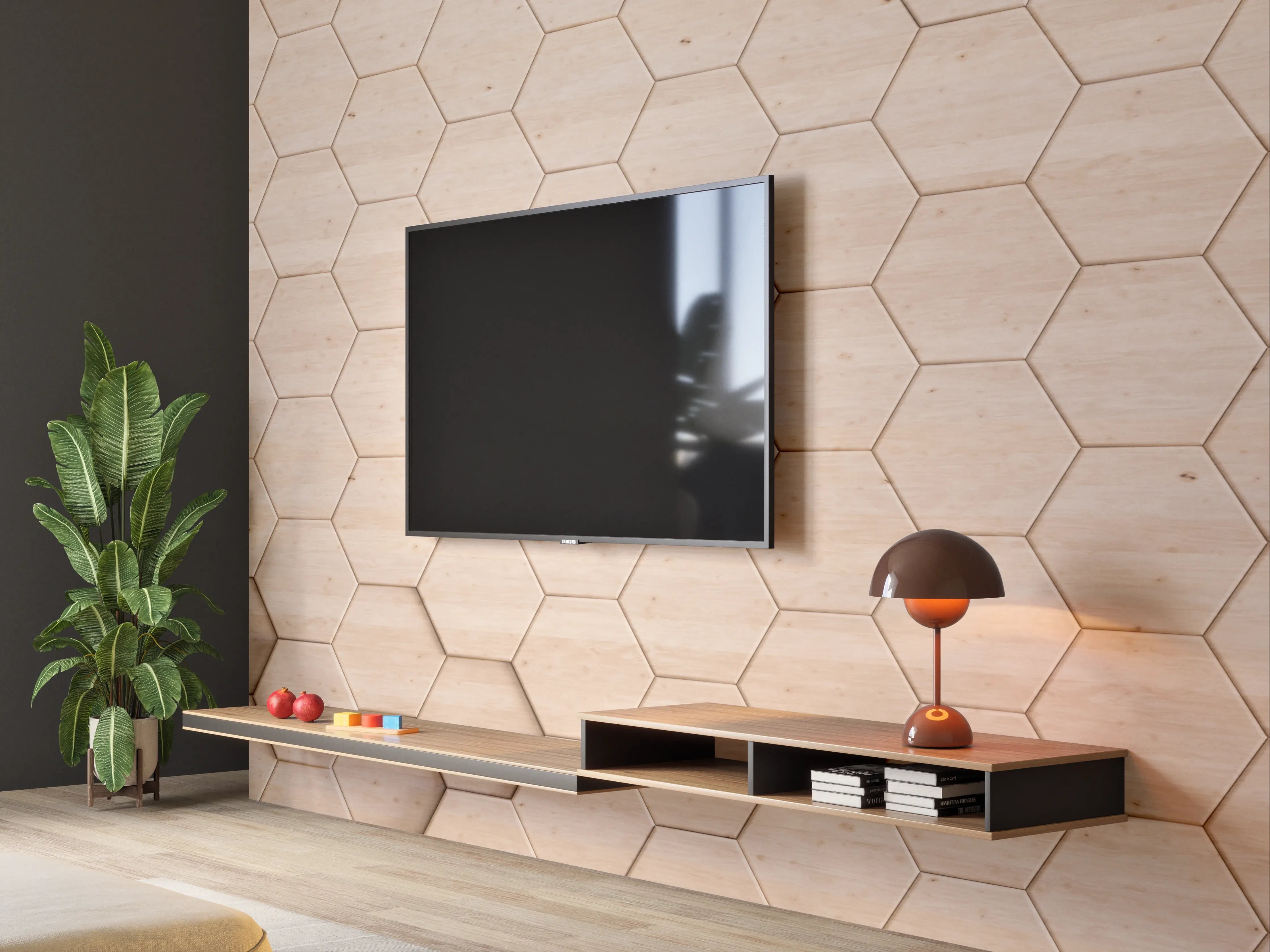 Wandverkleidung Wohnzimmer - Helle Holzoberfläche mit Hexagon-Mustern