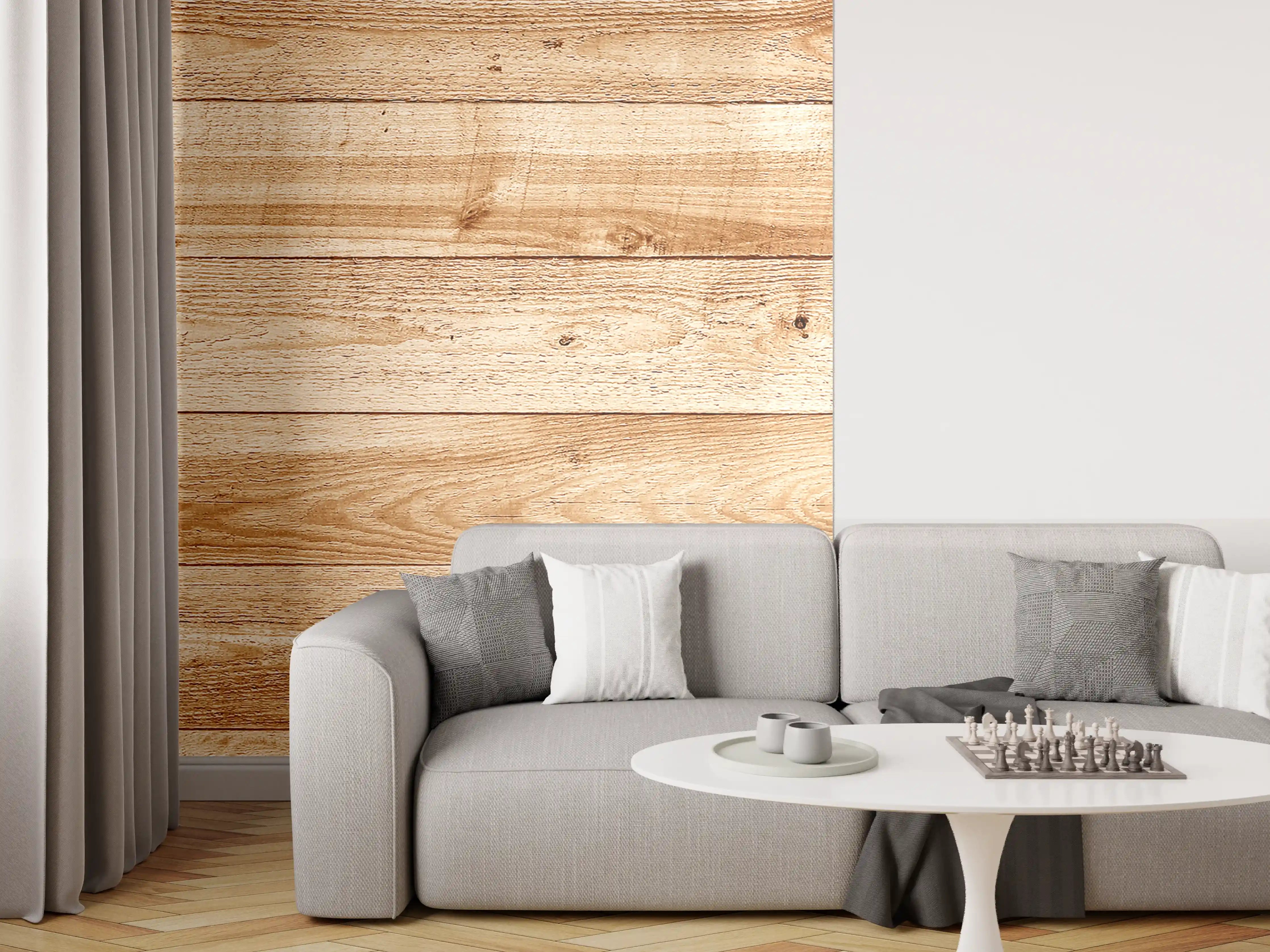 Wandverkleidung Wohnzimmer - Helle Holzoberfläche mit Pflanzenakzenten