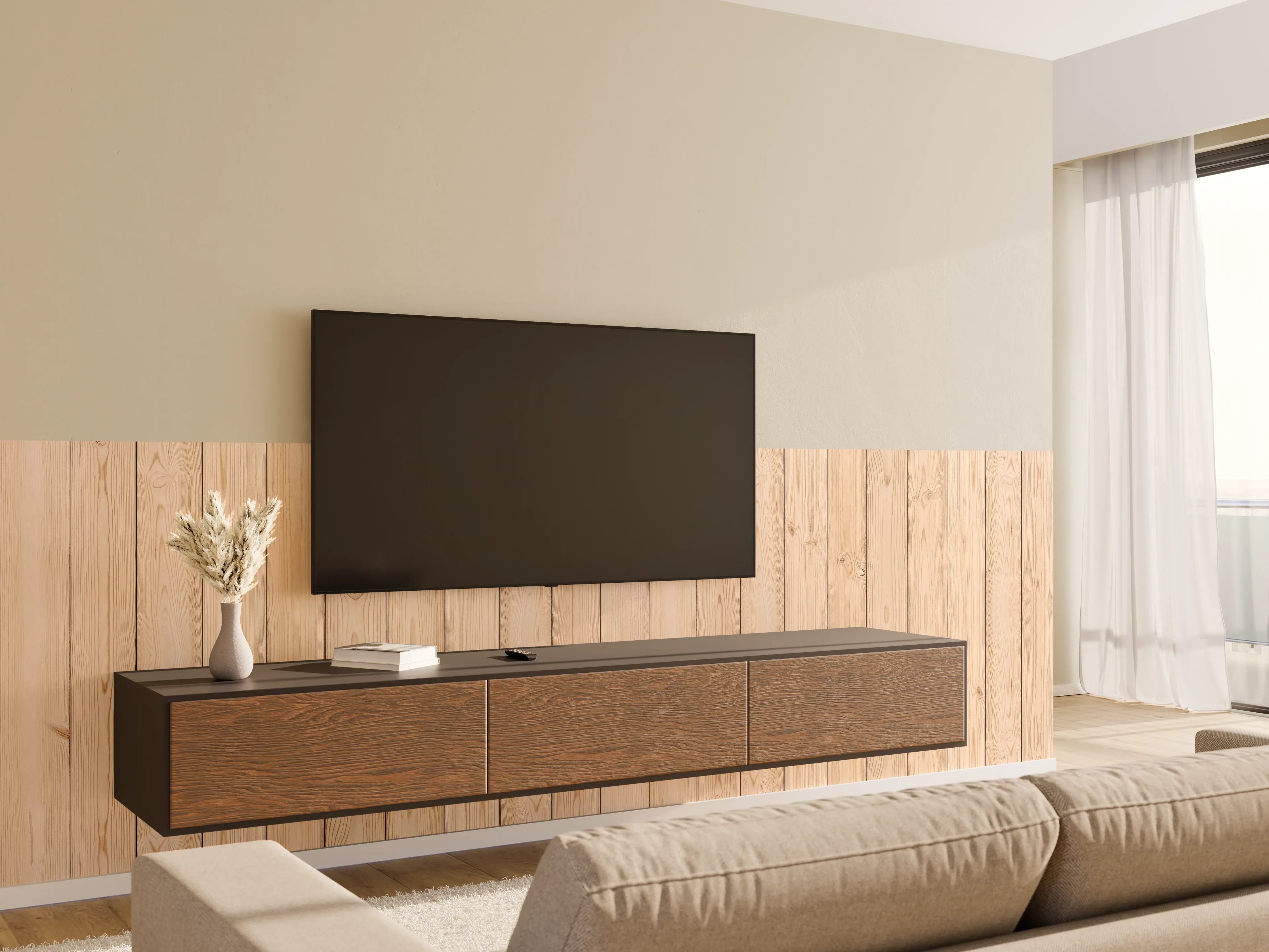 Wandverkleidung Wohnzimmer - Helle Holzplanken 