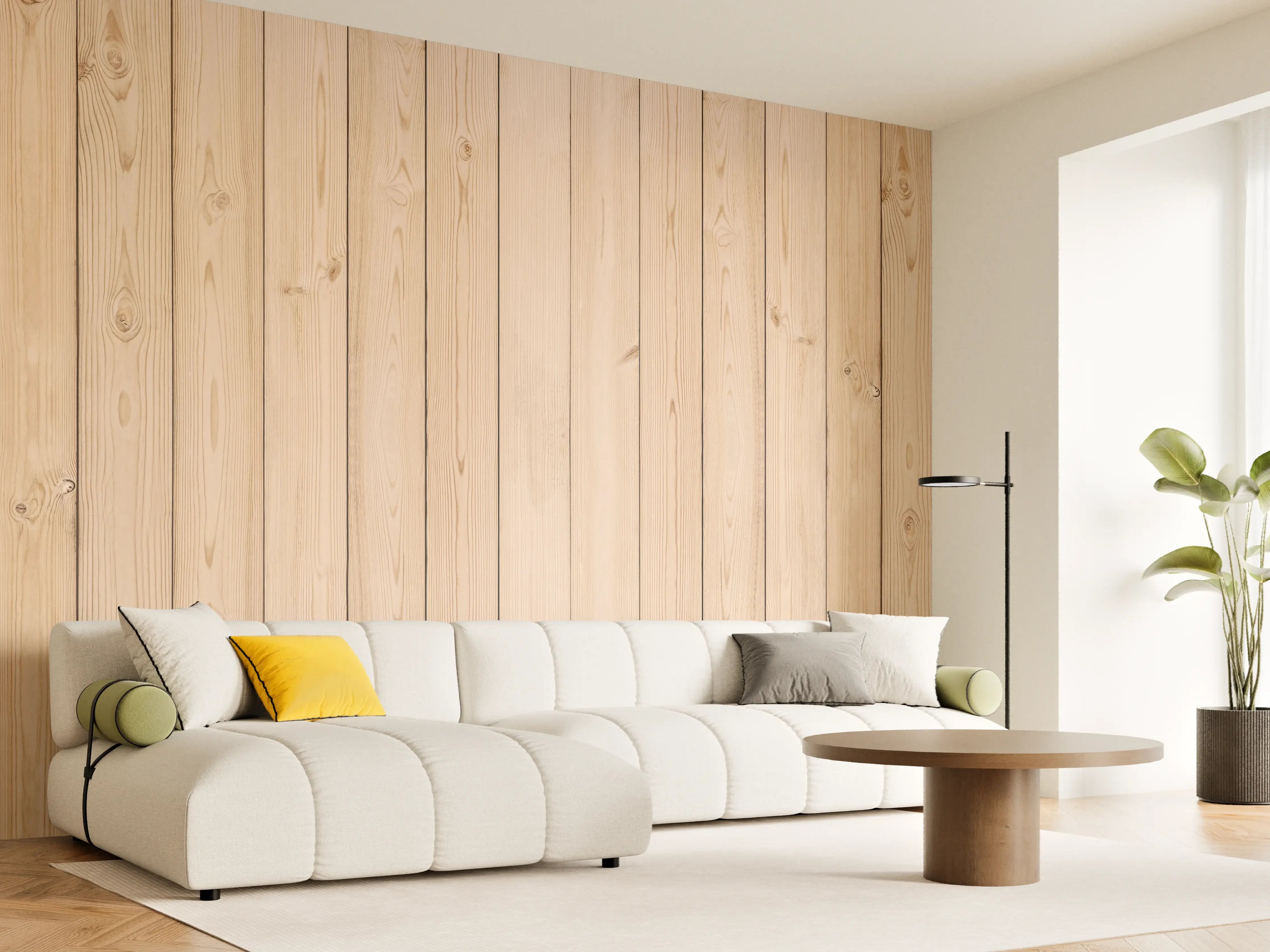 Wandverkleidung Wohnzimmer - Helle Holzplanken 