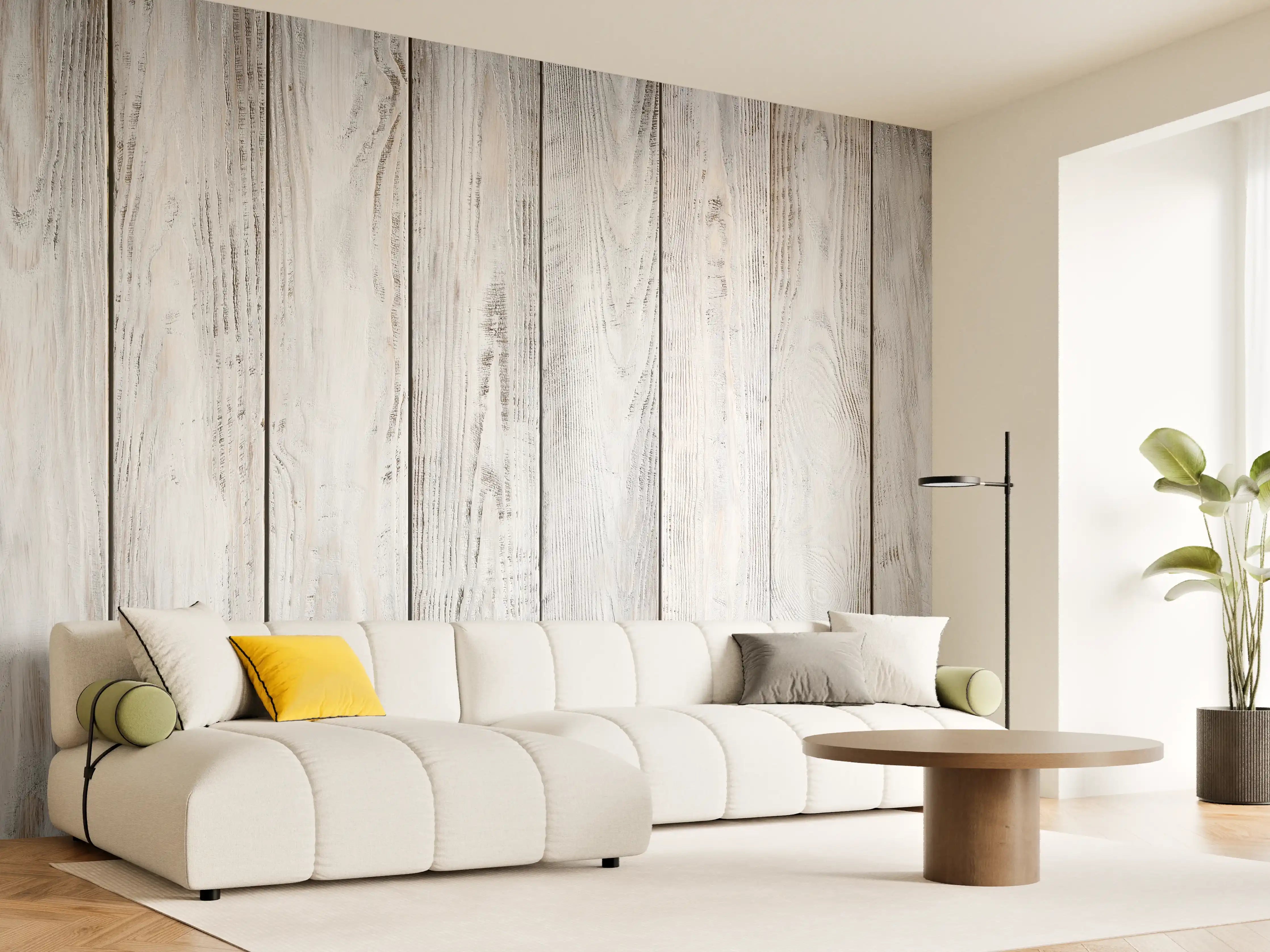 Wandverkleidung Wohnzimmer - Helle Holzwand im Vintage-Design