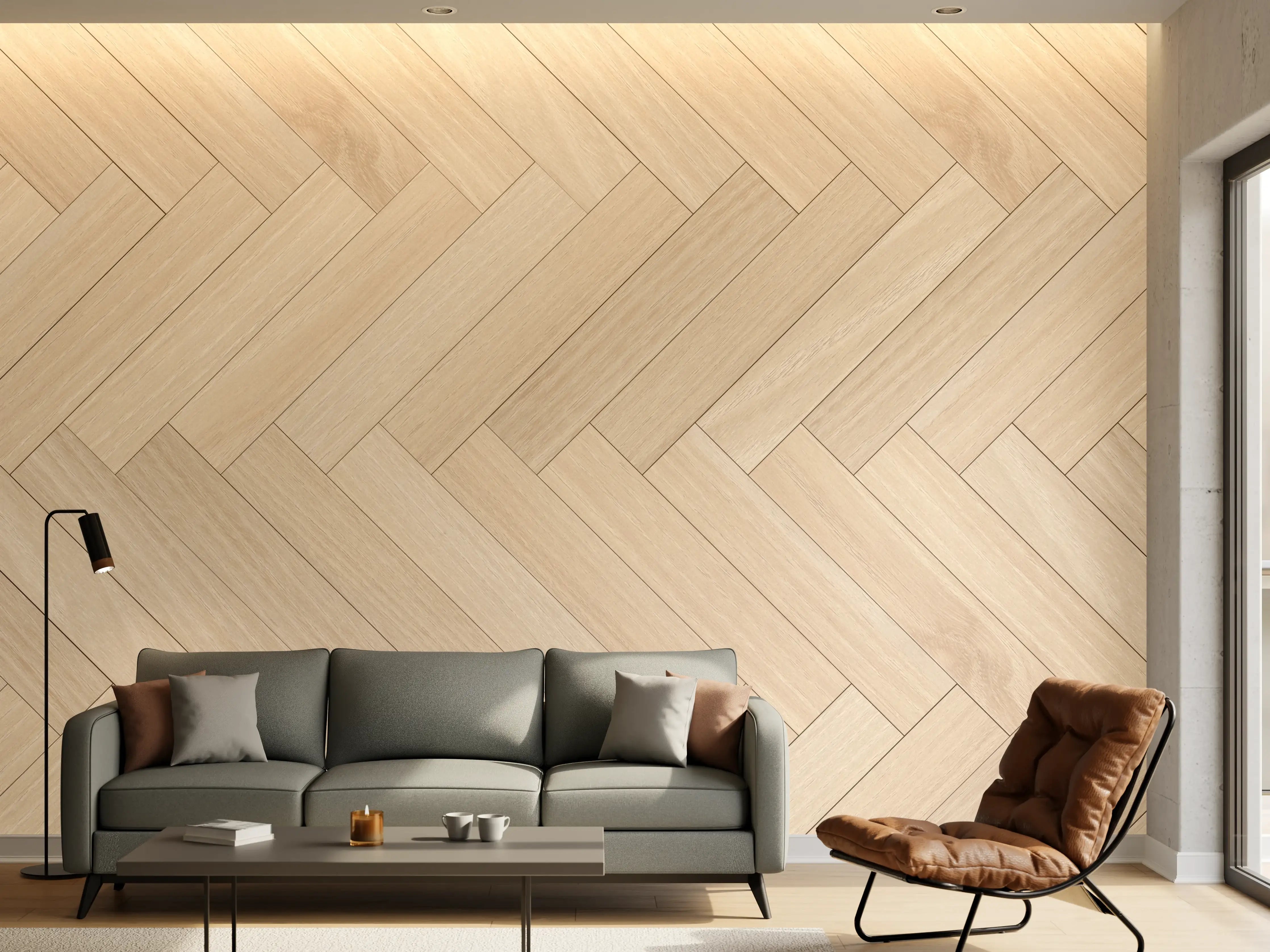 Wandverkleidung Wohnzimmer - Helle Parkettboden im Hahnentritt-Design