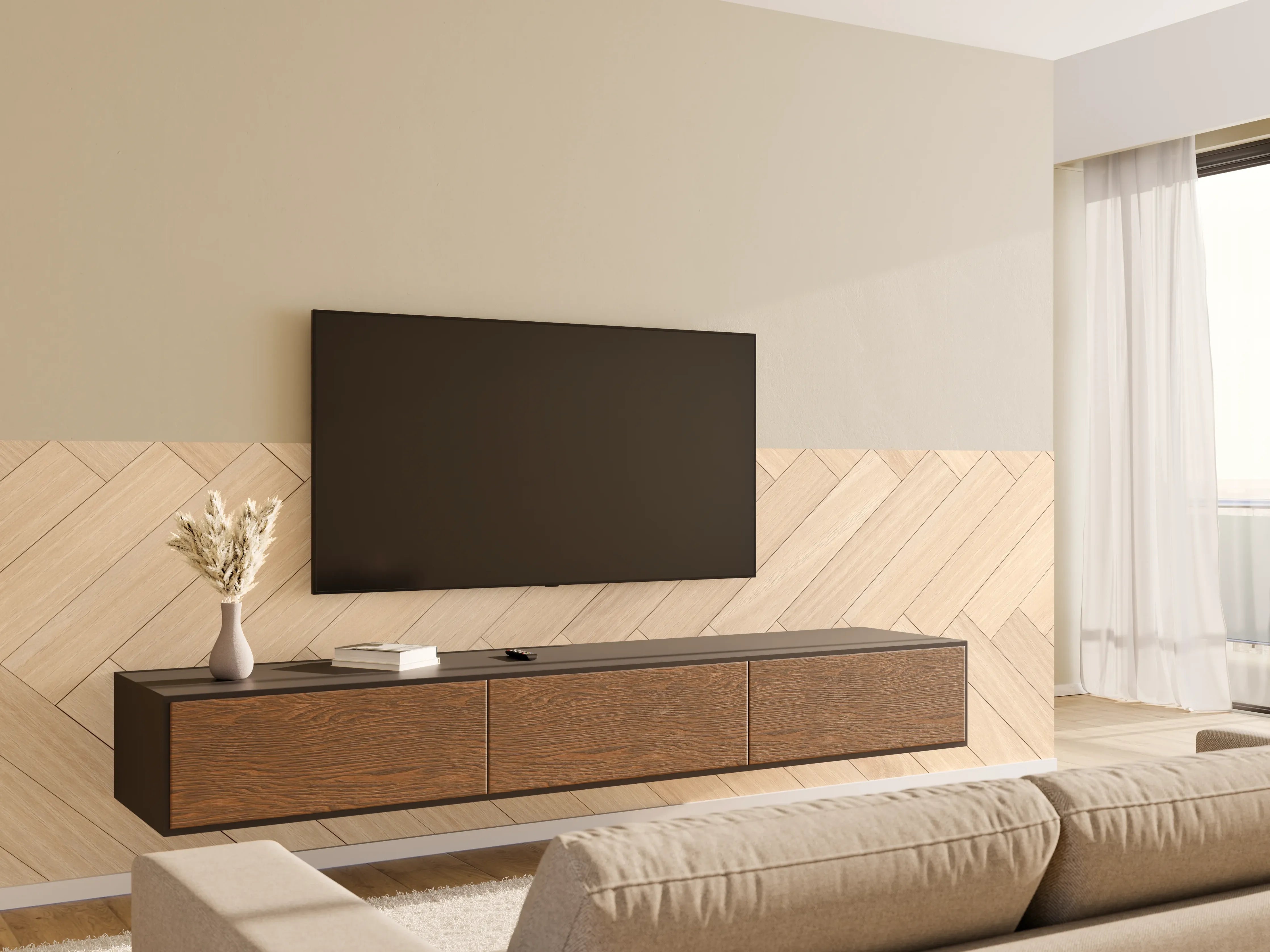 Wandverkleidung Wohnzimmer - Helle Parkettboden im Hahnentritt-Design