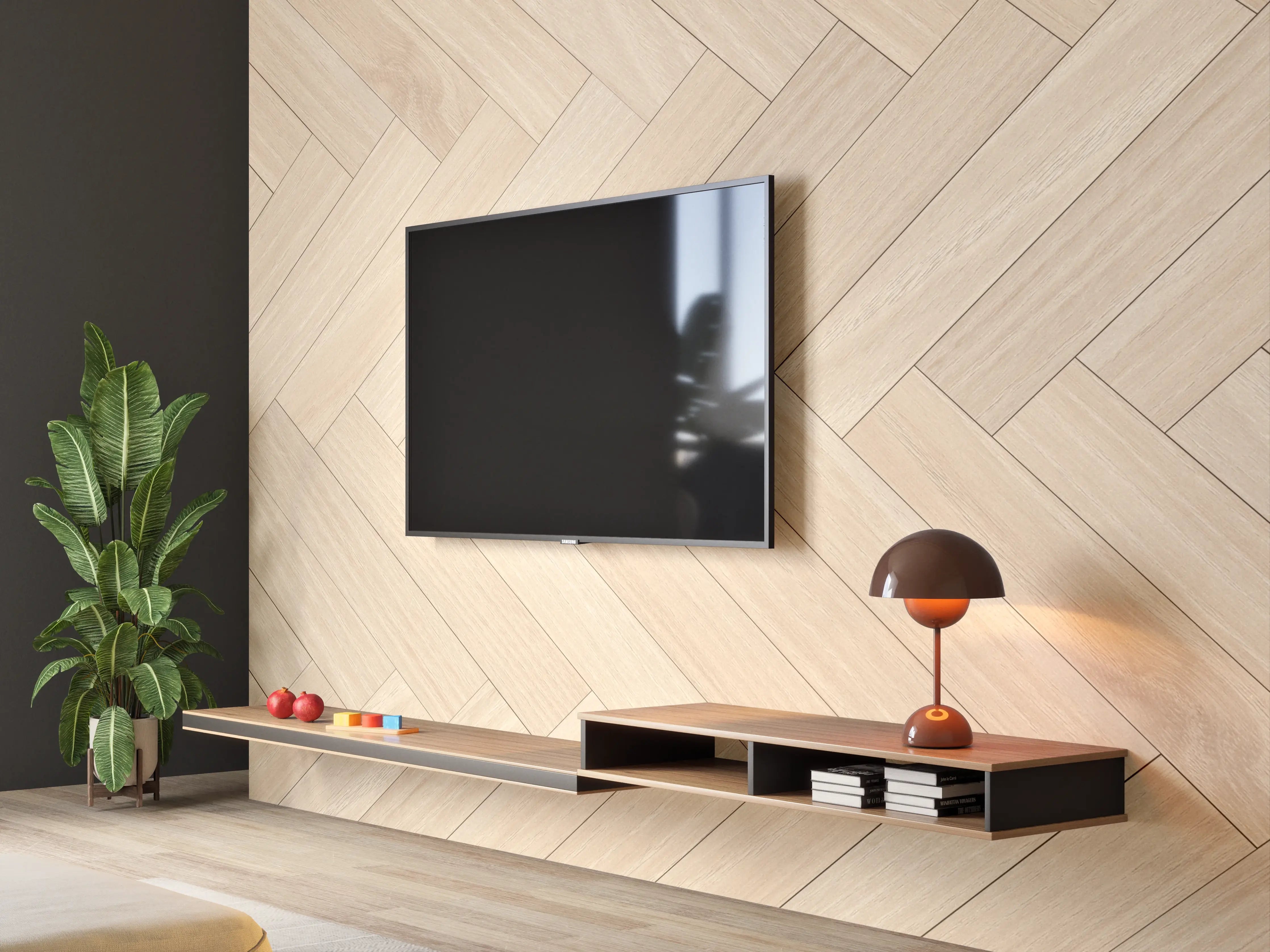 Wandverkleidung Wohnzimmer - Helle Parkettboden im Hahnentritt-Design