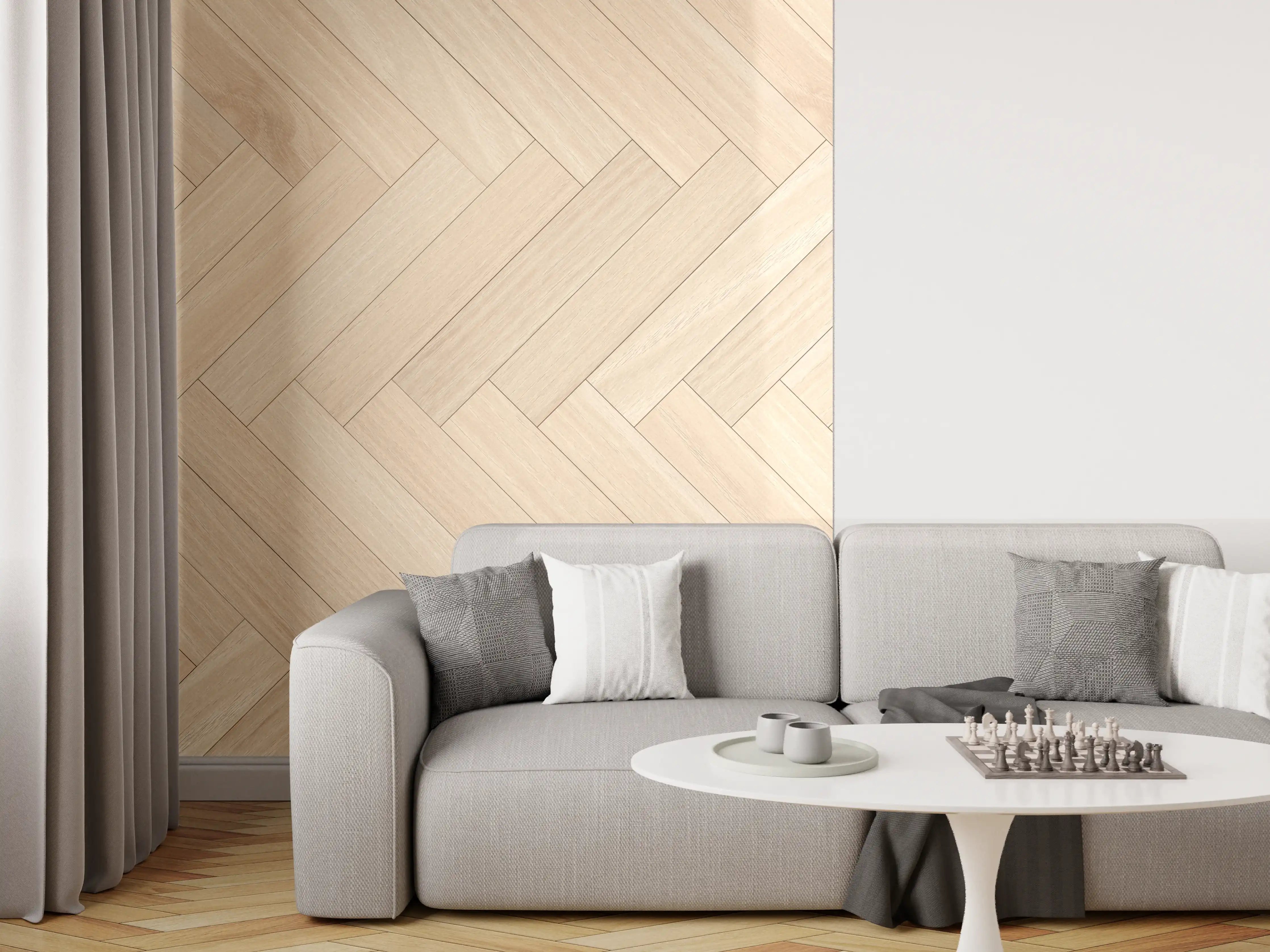 Wandverkleidung Wohnzimmer - Helle Parkettboden im Hahnentritt-Design
