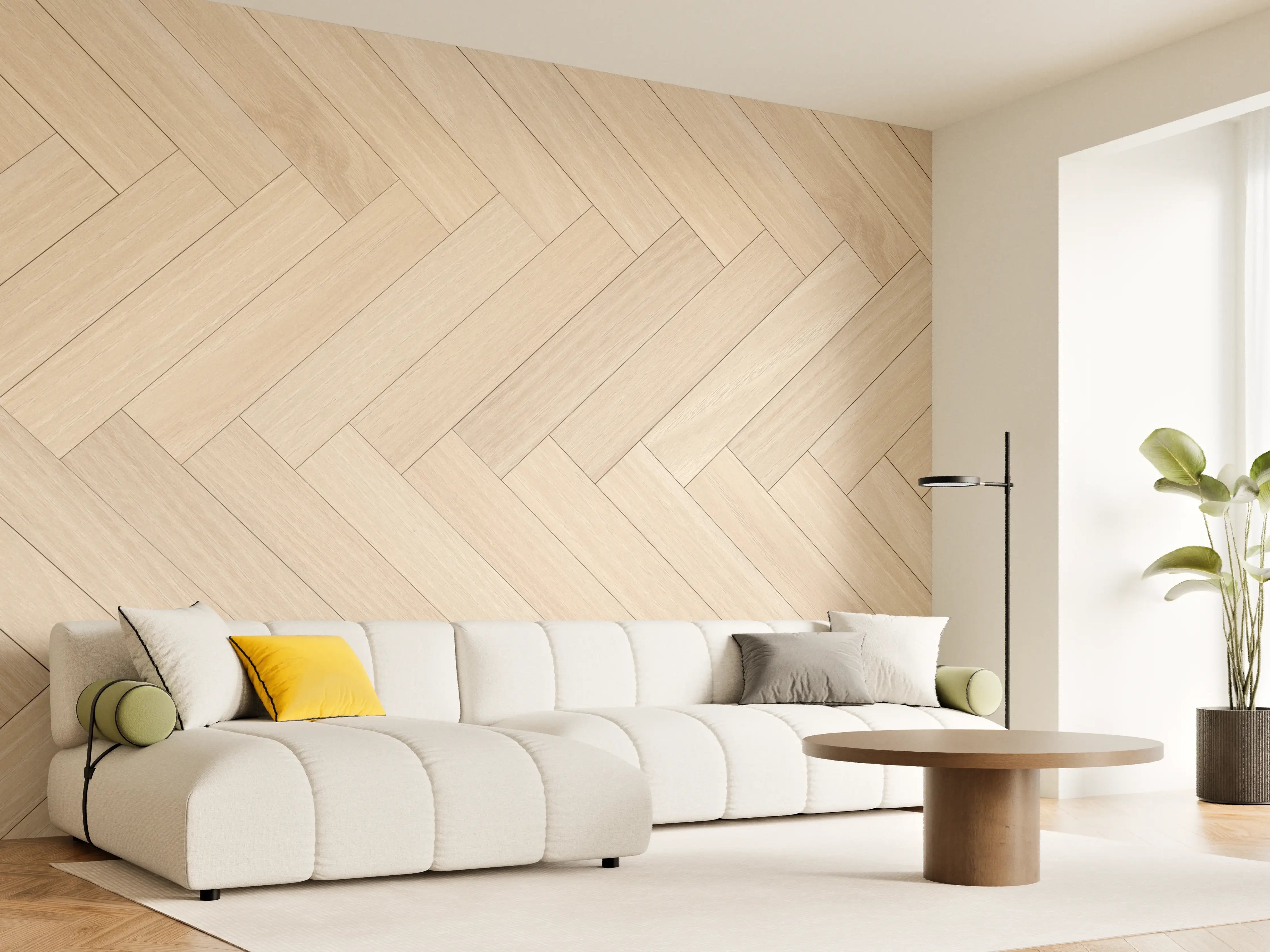 Wandverkleidung Wohnzimmer - Helle Parkettboden im Hahnentritt-Design