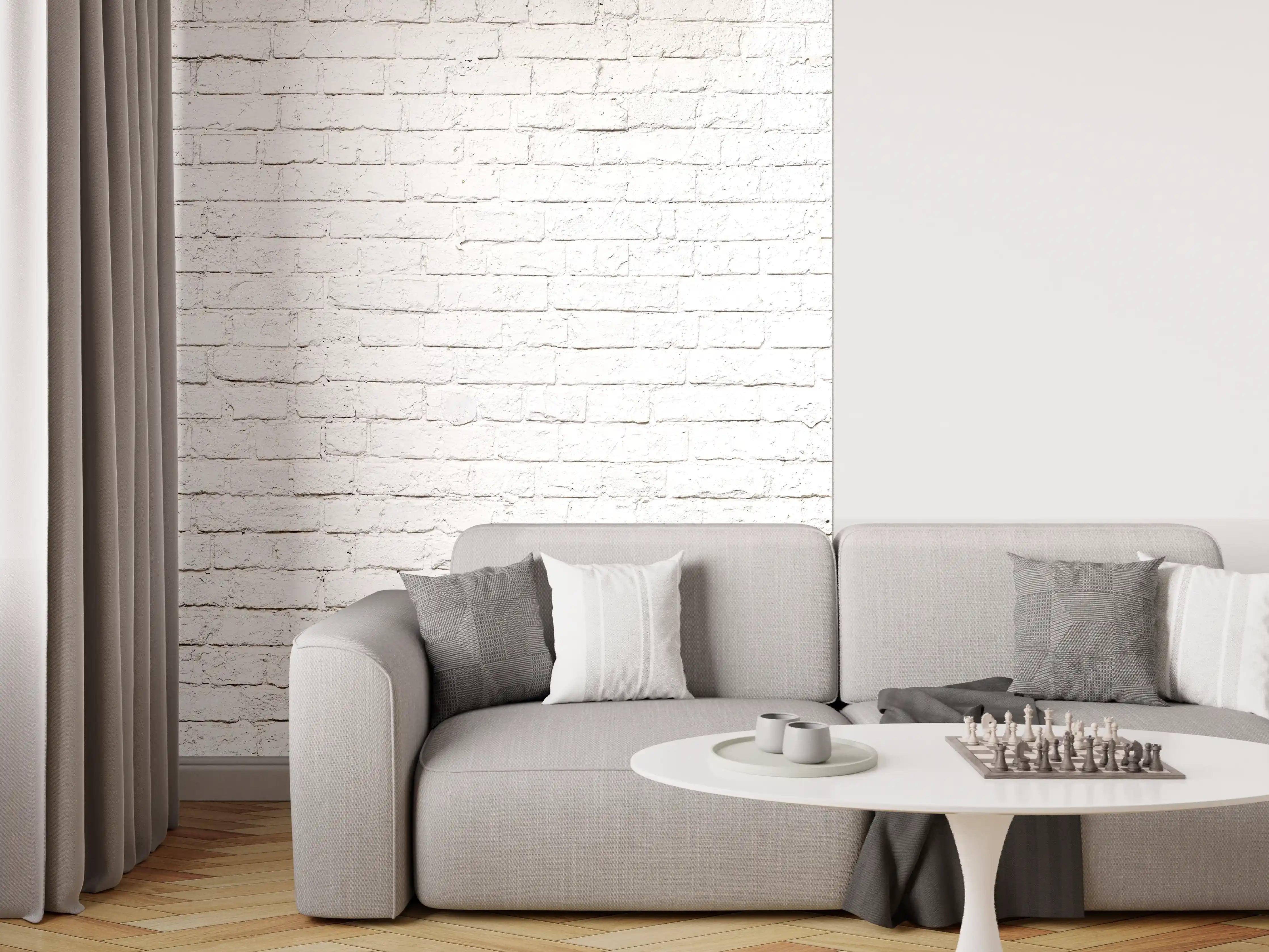 Wandverkleidung Wohnzimmer - Helle weiße Backsteinwand