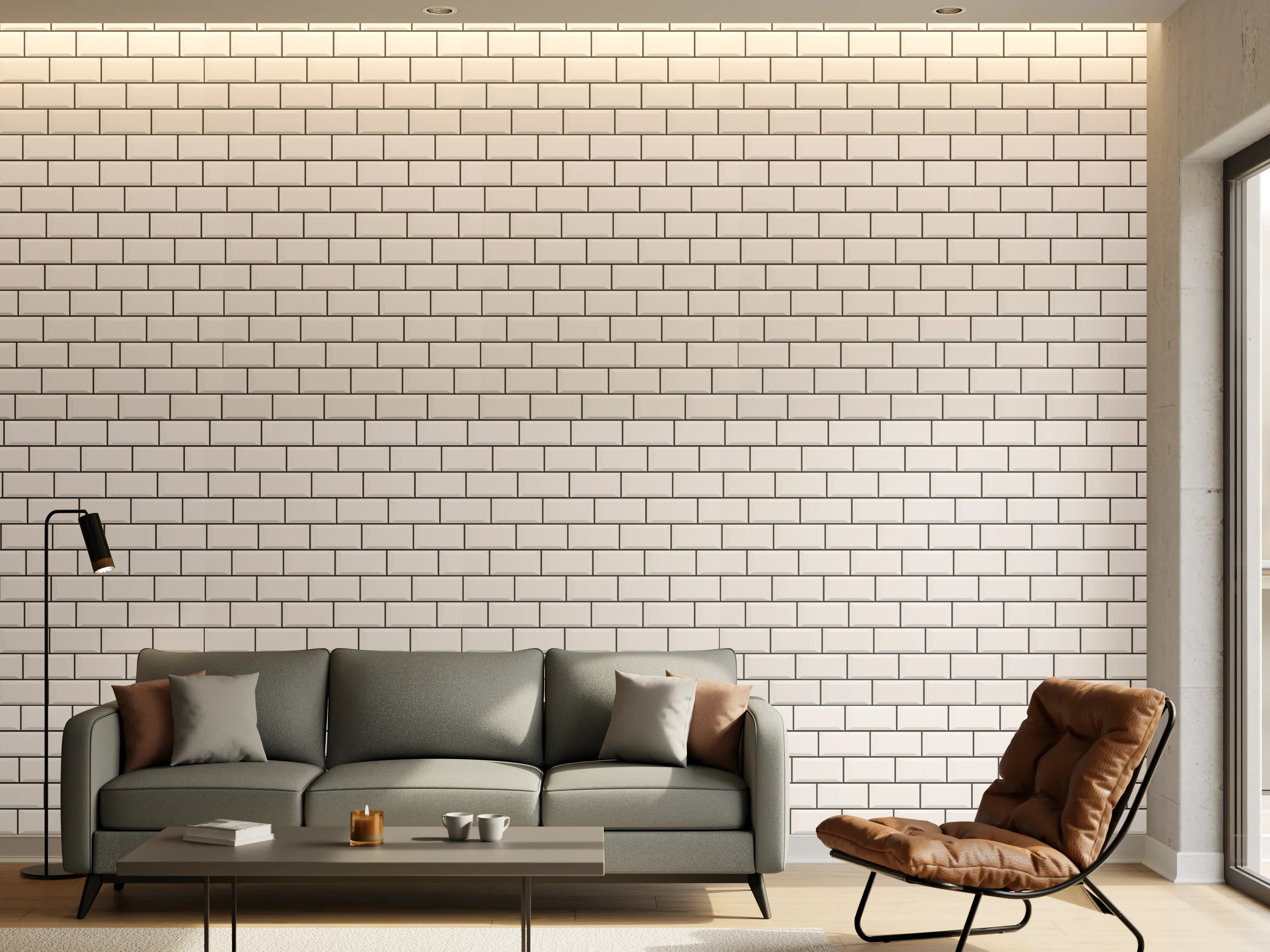 Wandverkleidung Wohnzimmer - Helle weiße Ziegelmauer