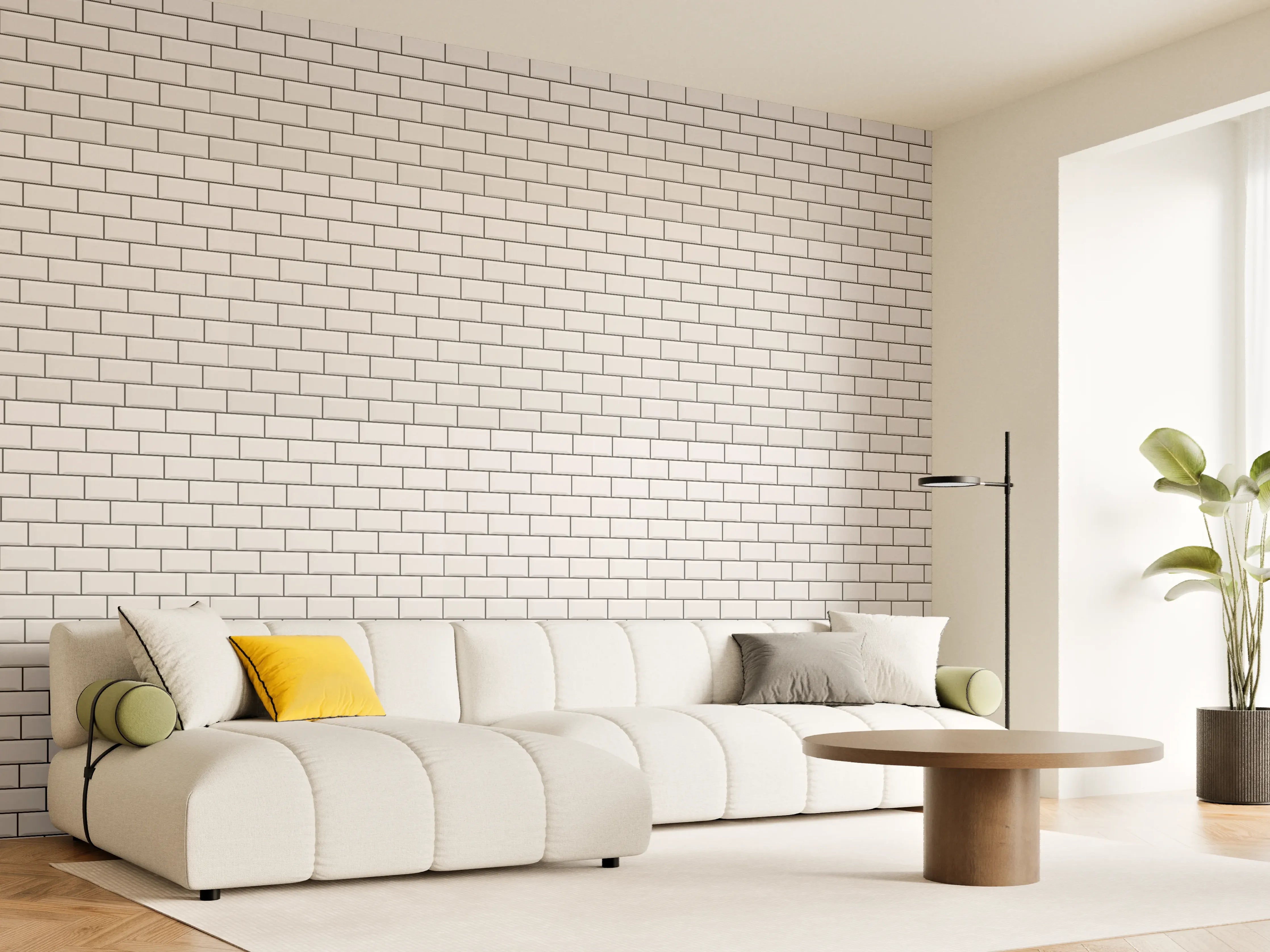 Wandverkleidung Wohnzimmer - Helle weiße Ziegelmauer