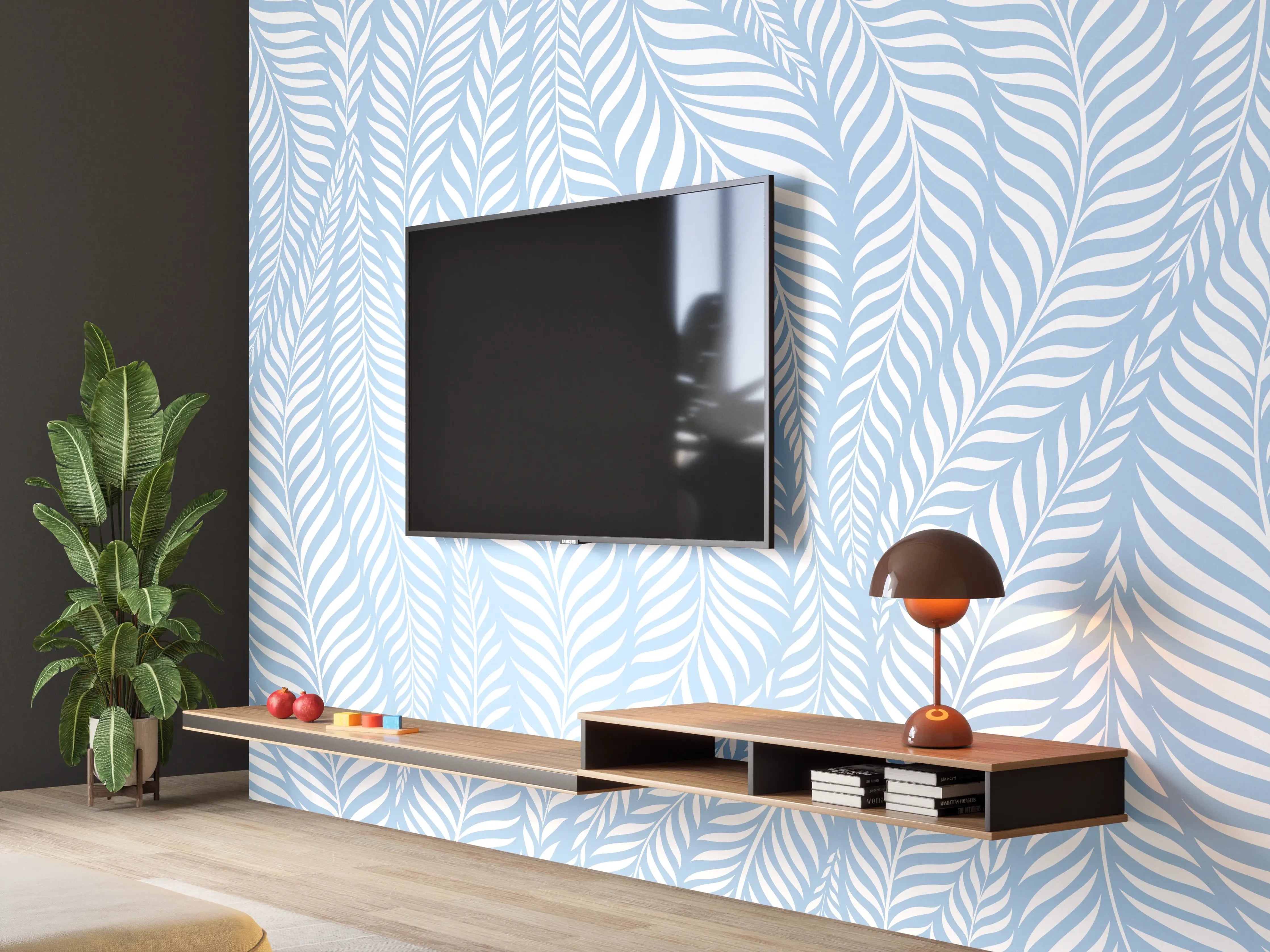 Wandverkleidung Wohnzimmer - Helle, elegante Blattmuster-Wandgestaltung