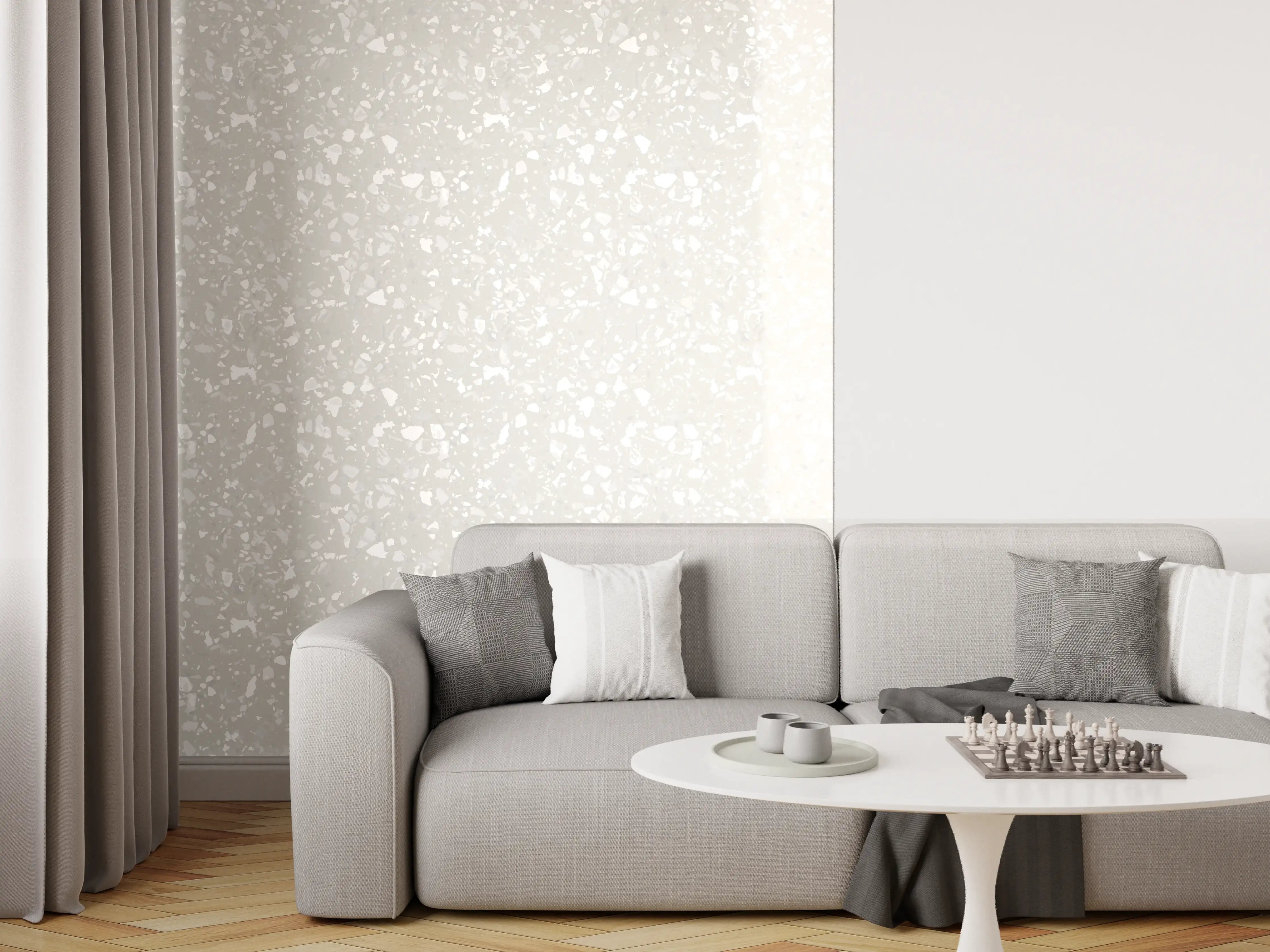 Wandverkleidung Wohnzimmer - Helle, elegante Oberflächengestaltung mit Grautönen