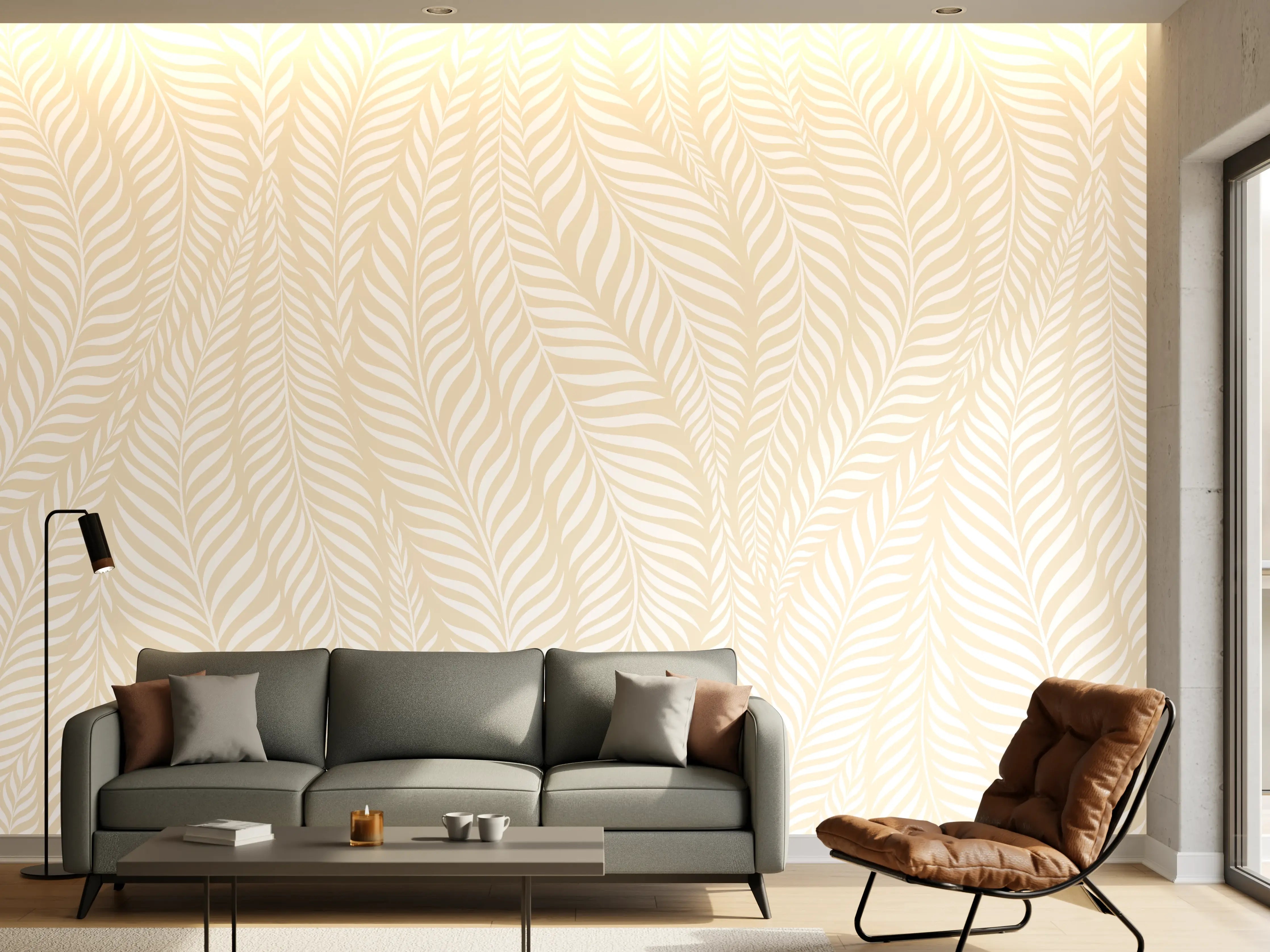 Wandverkleidung Wohnzimmer - Helle, elegante Tapete mit feinem Blattmuster