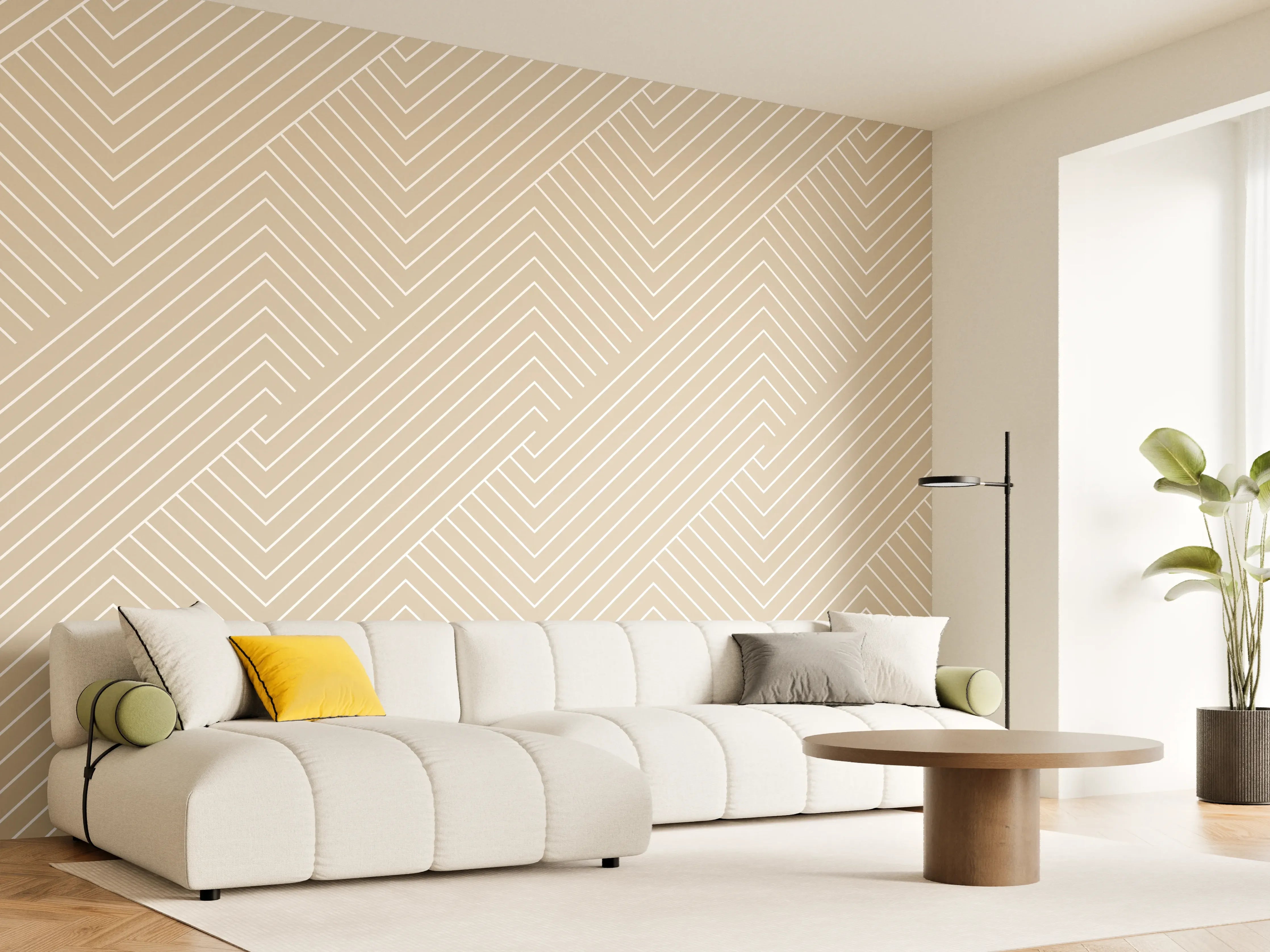 Wandverkleidung Wohnzimmer - Helle, geometrische Musterwand in Beige