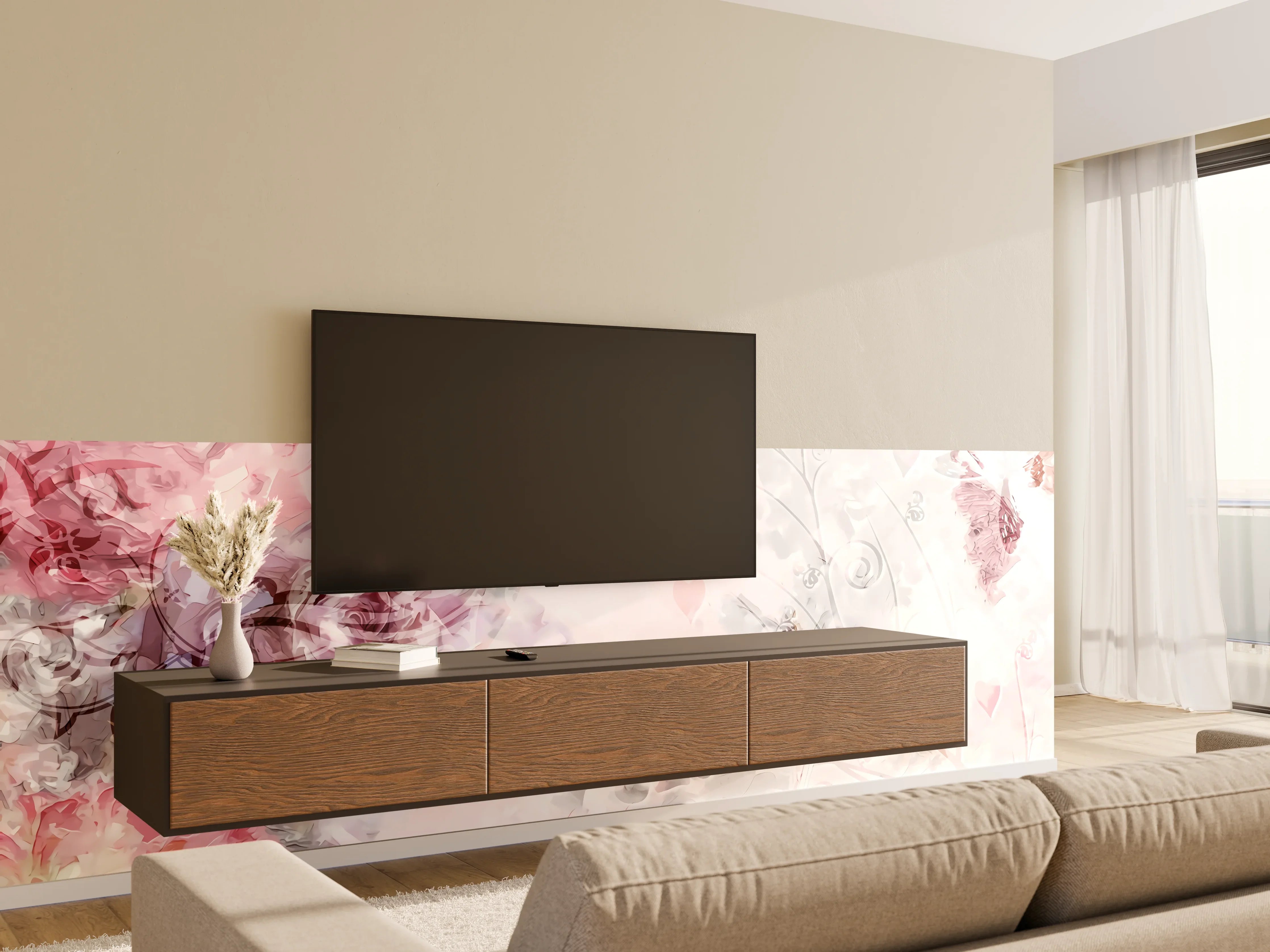 Wandverkleidung Wohnzimmer - Heller Blumengarten in Pastellfarben