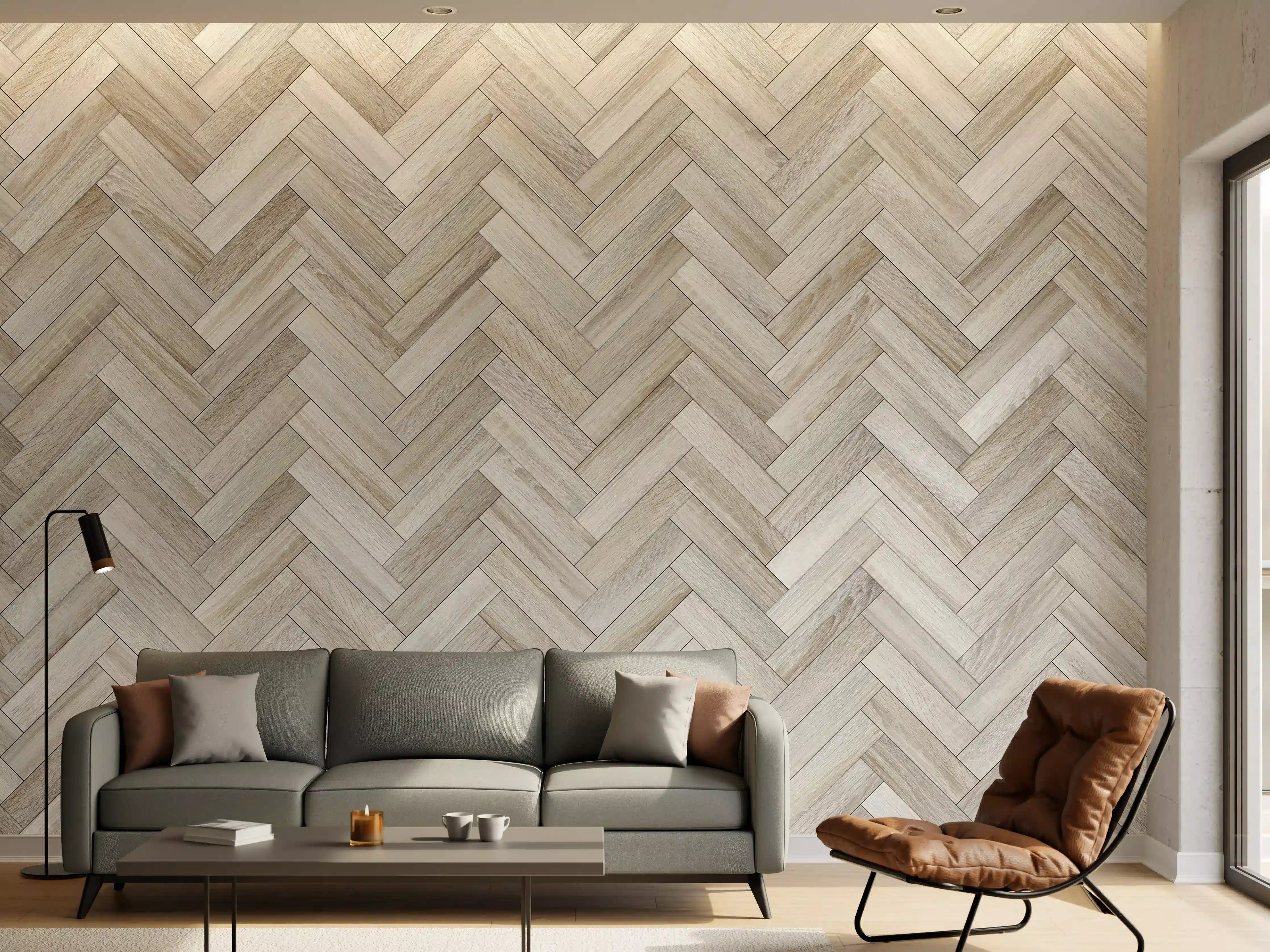 Wandverkleidung Wohnzimmer - Heller Holzboden mit Herringbone-Muster