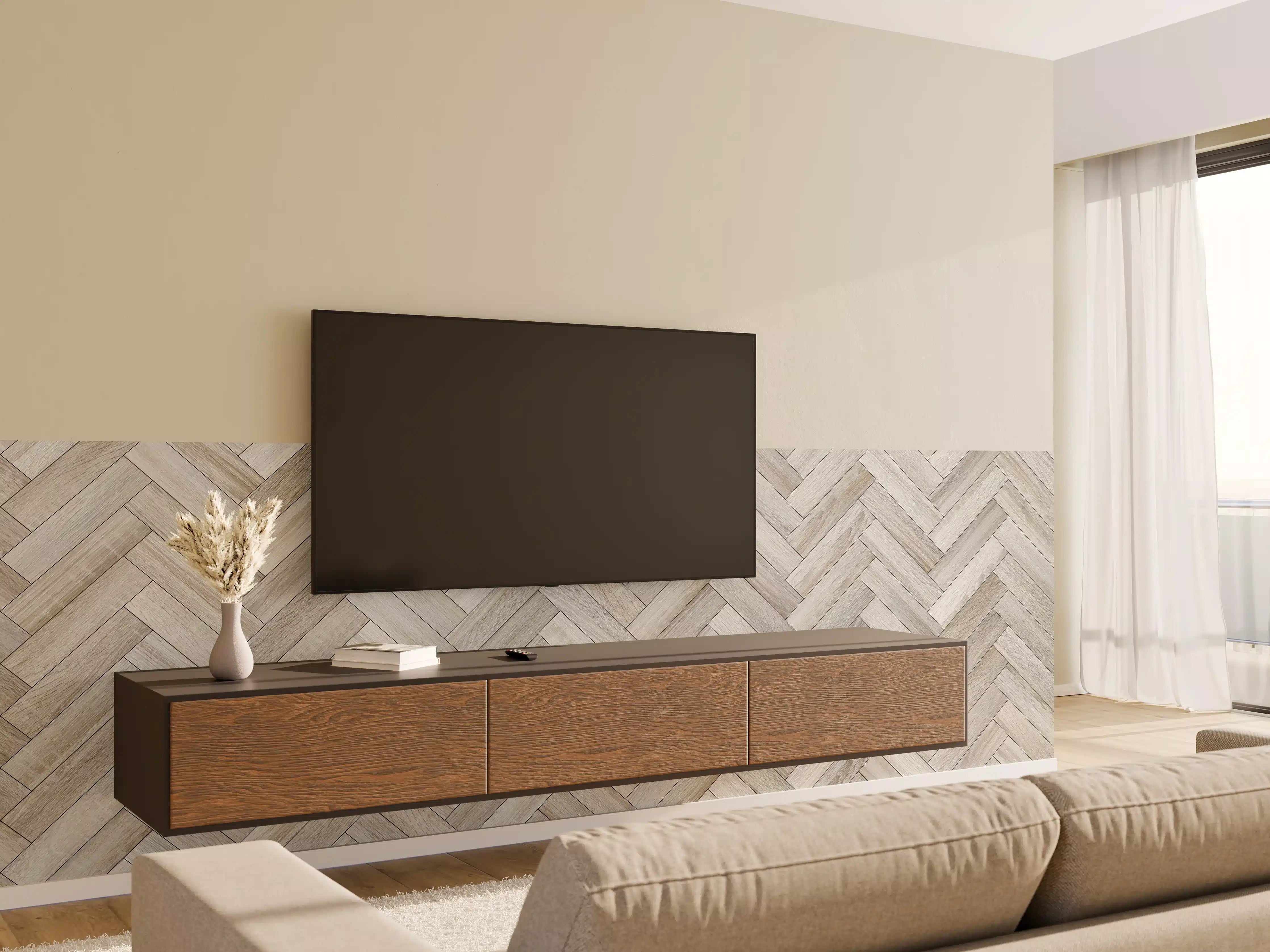 Wandverkleidung Wohnzimmer - Heller Holzboden mit Herringbone-Muster