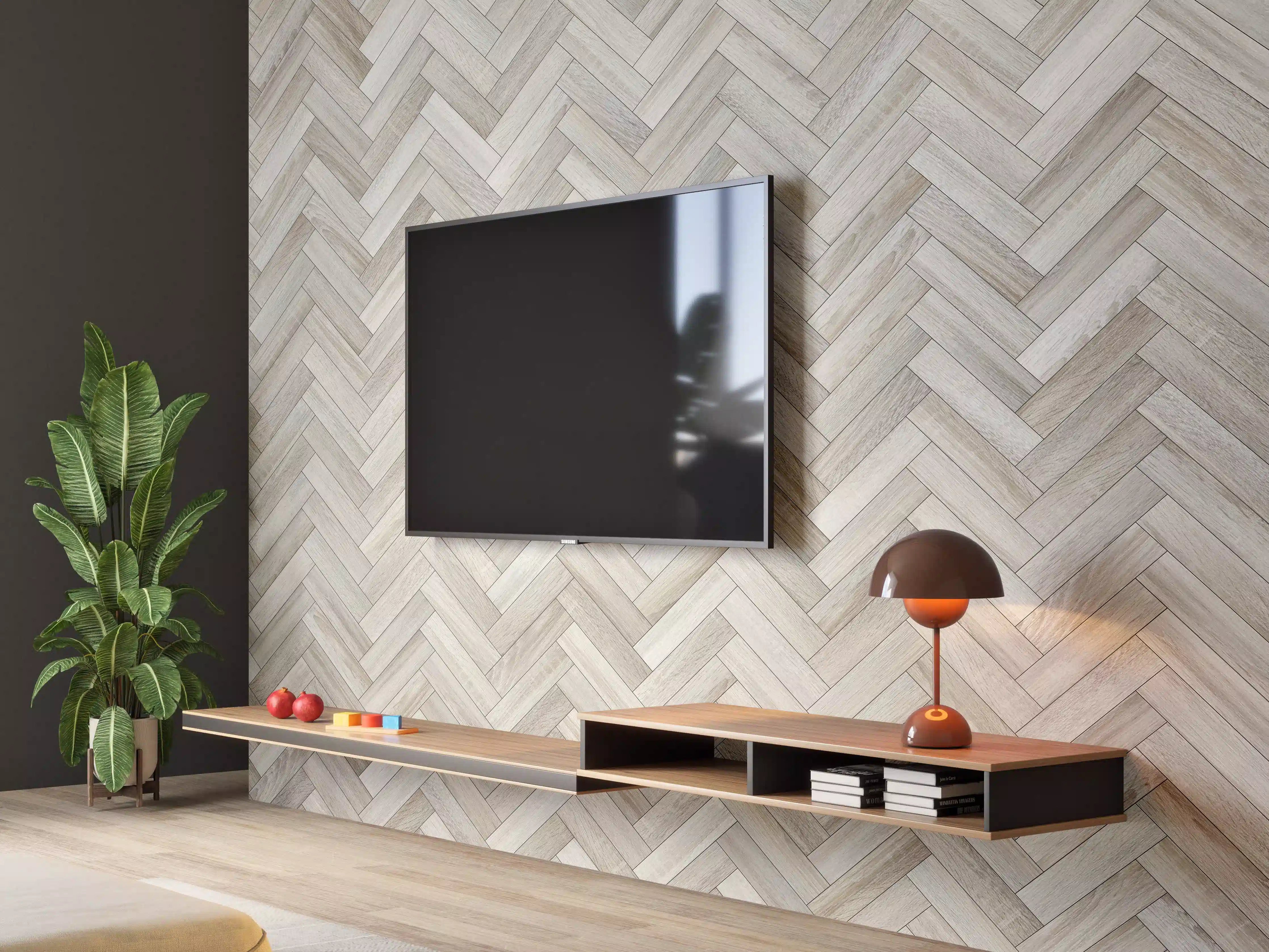 Wandverkleidung Wohnzimmer - Heller Holzboden mit Herringbone-Muster