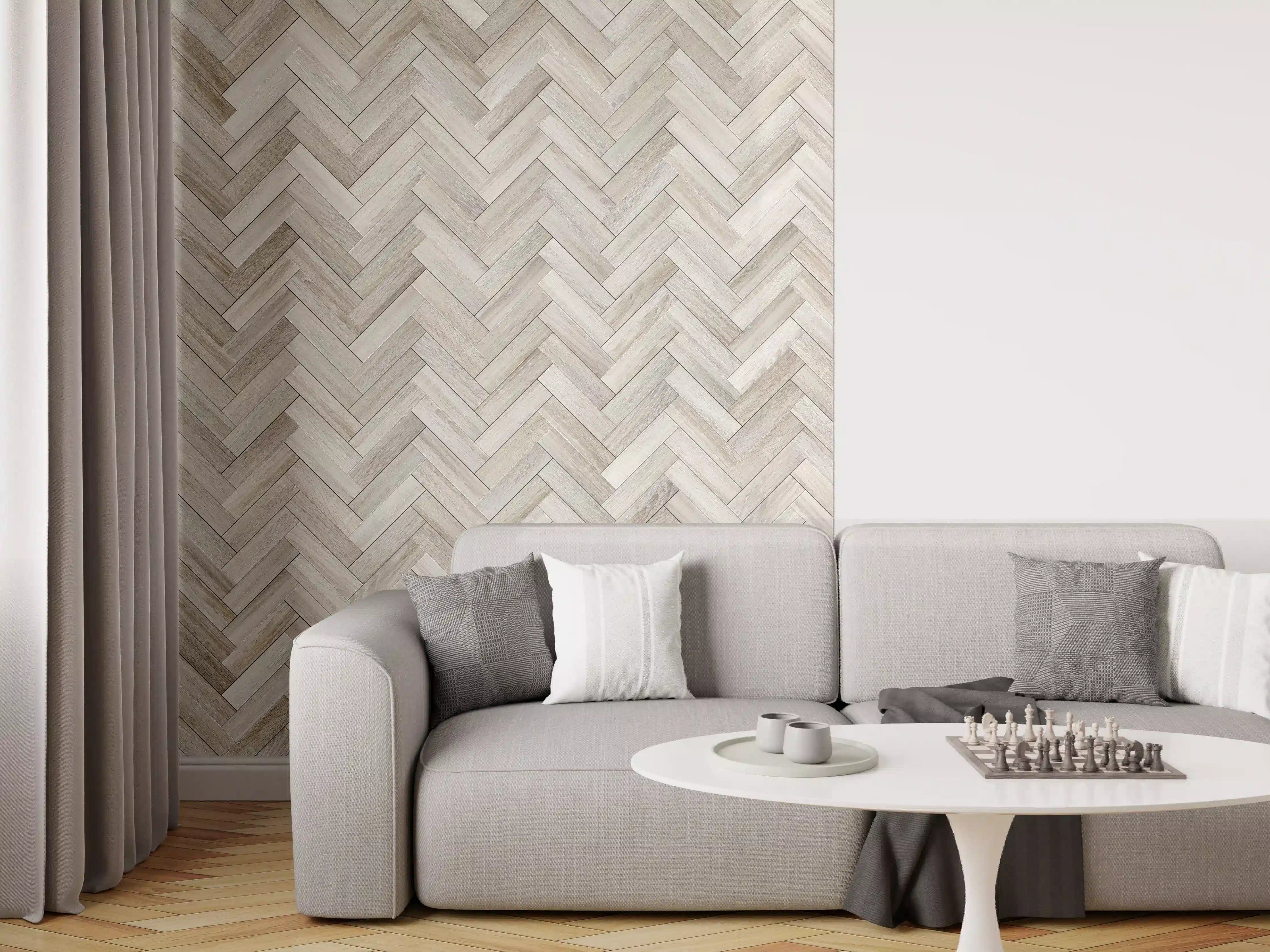 Wandverkleidung Wohnzimmer - Heller Holzboden mit Herringbone-Muster