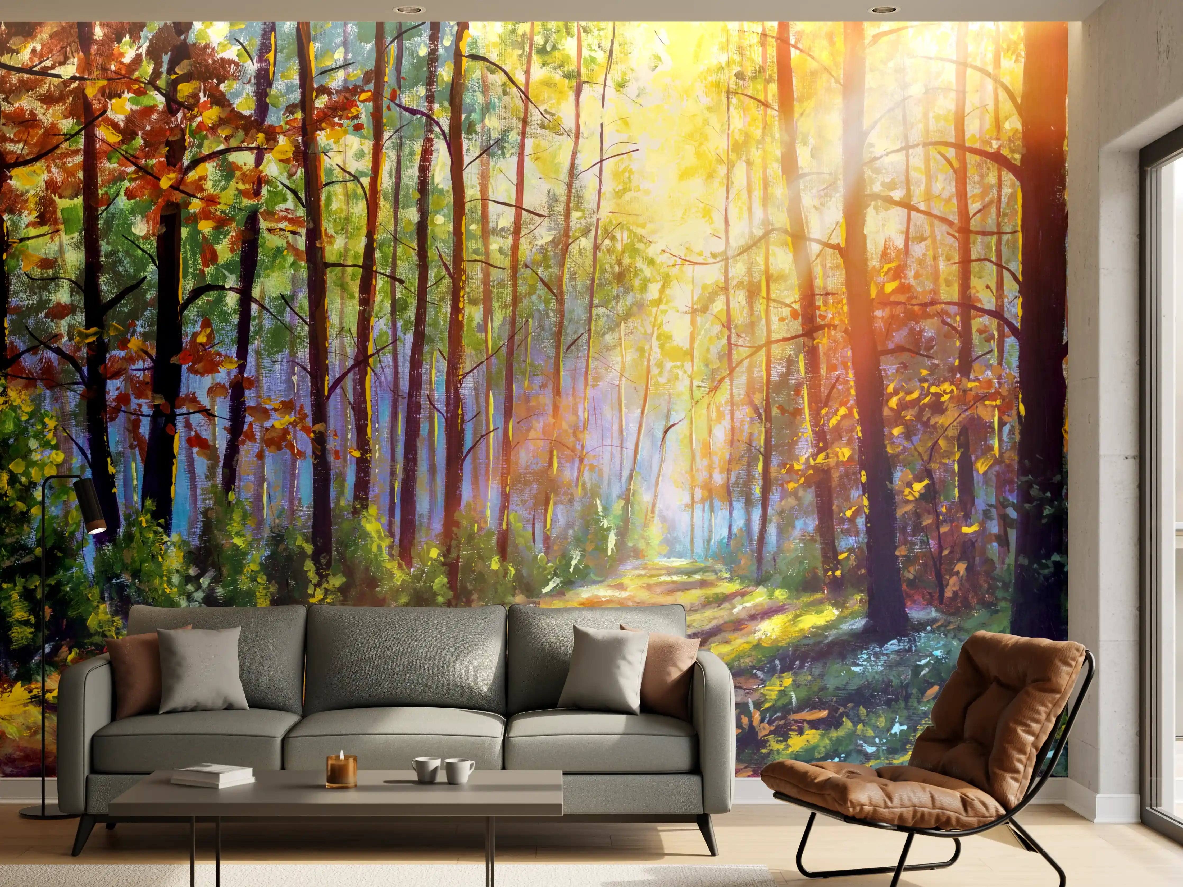Wandverkleidung Wohnzimmer - Heller Waldpfad im Sonnenlicht
