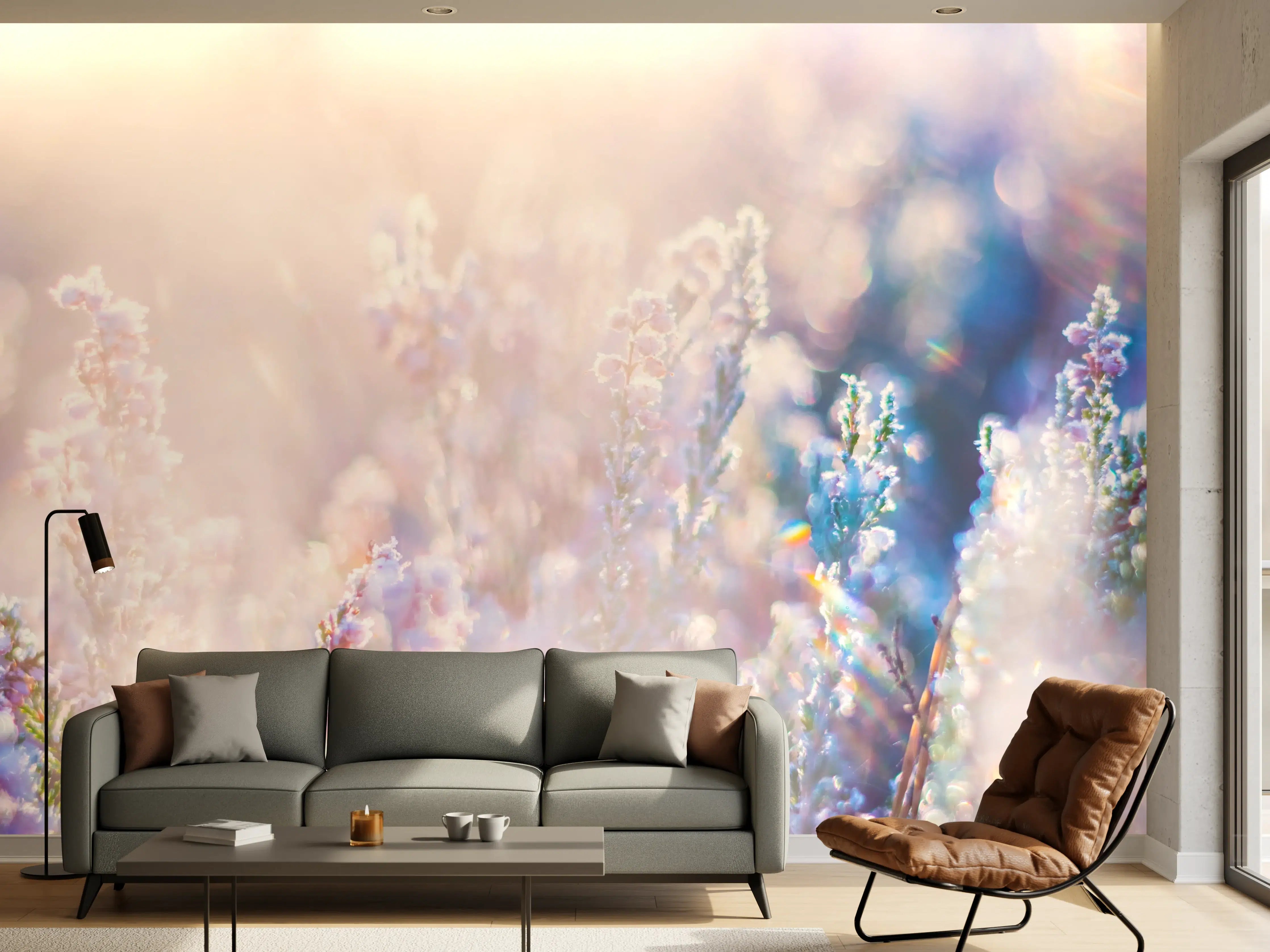 Wandverkleidung Wohnzimmer - Helles Blumenmeer im Sonnenlicht