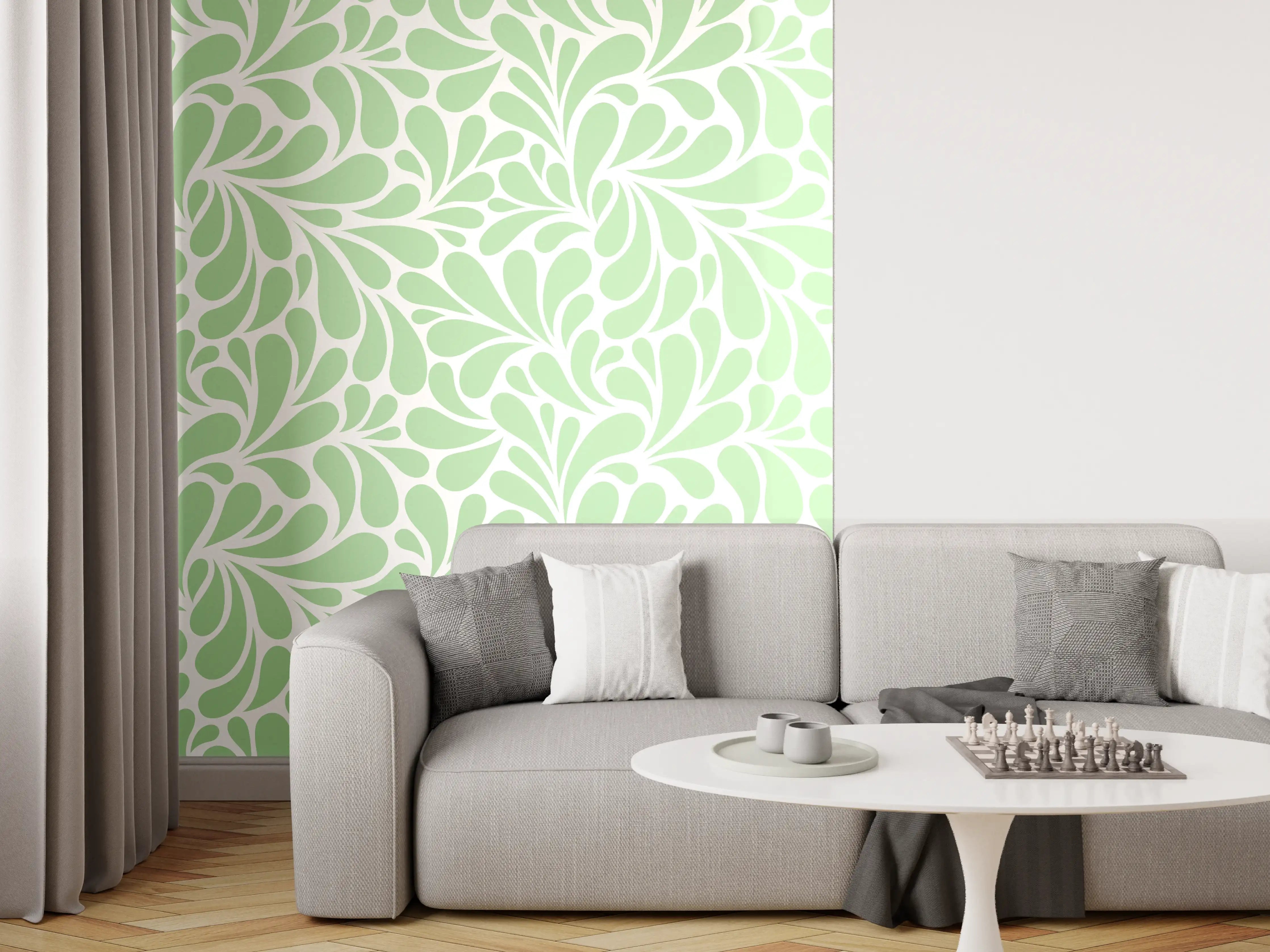 Wandverkleidung Wohnzimmer - Helles Blumenmuster in Pastellgrün