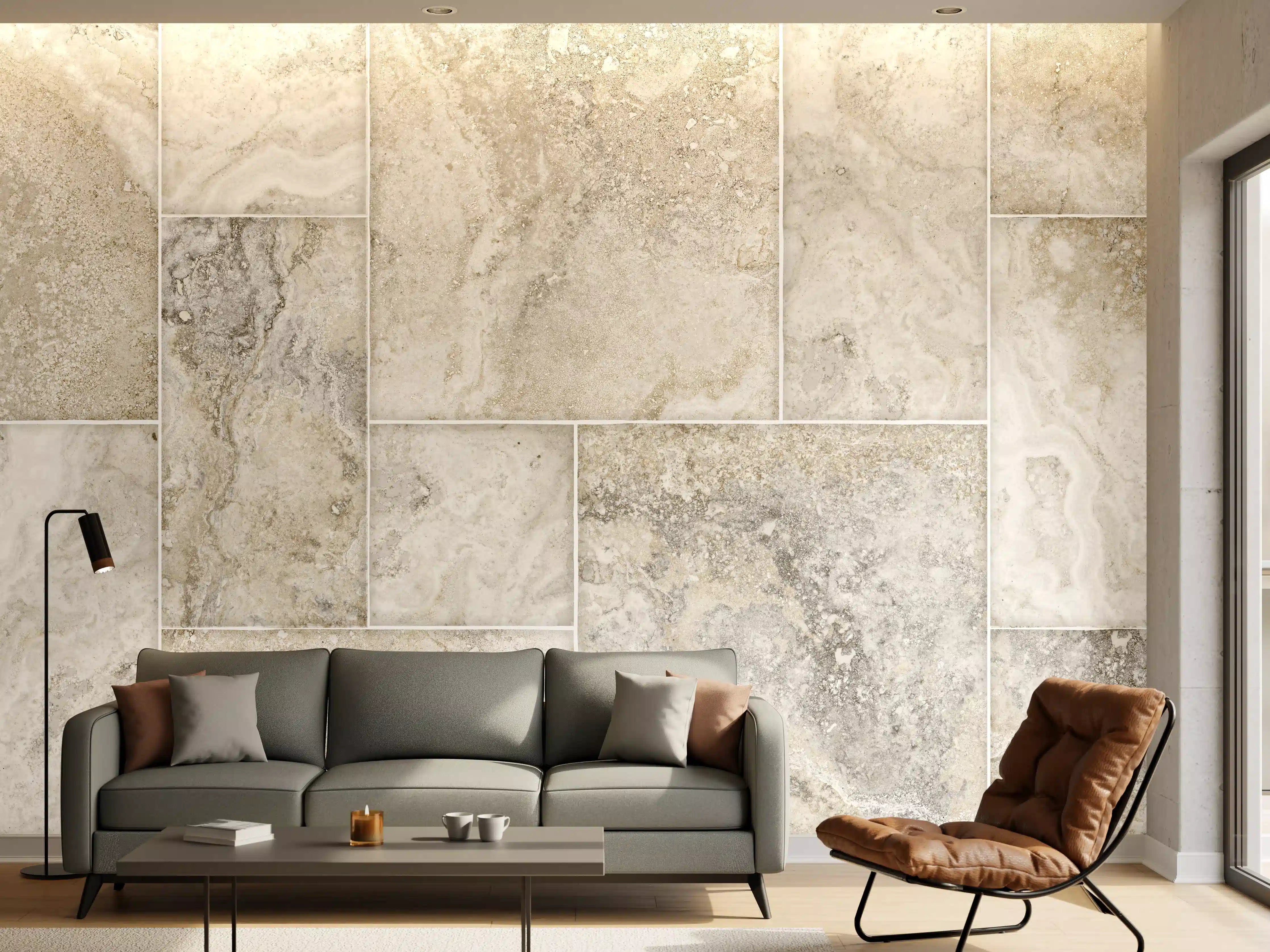 Wandverkleidung Wohnzimmer - Helles Fliesenmuster - Marmor