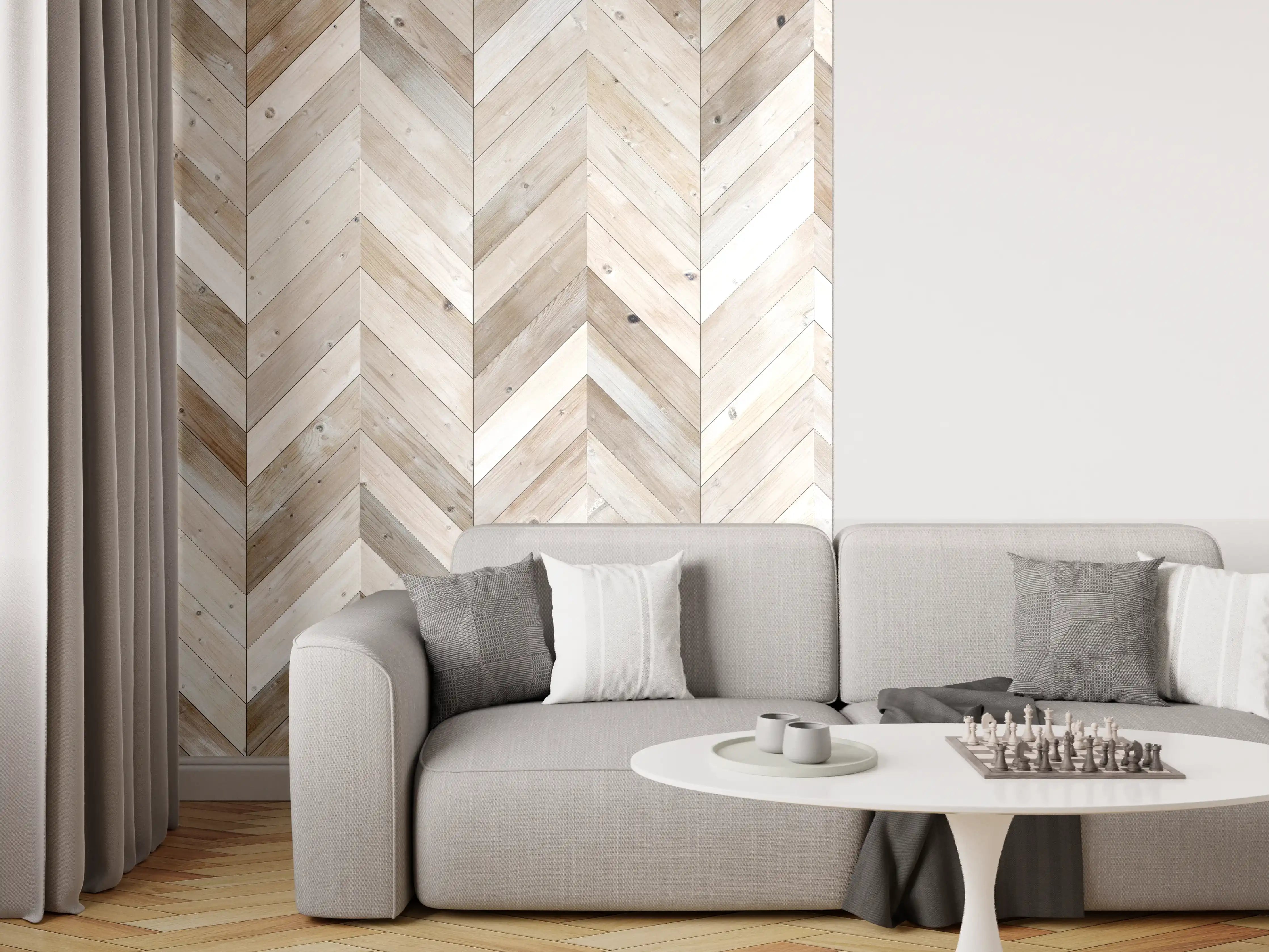 Wandverkleidung Wohnzimmer - Helles Holzparkett mit attraktigem Muster