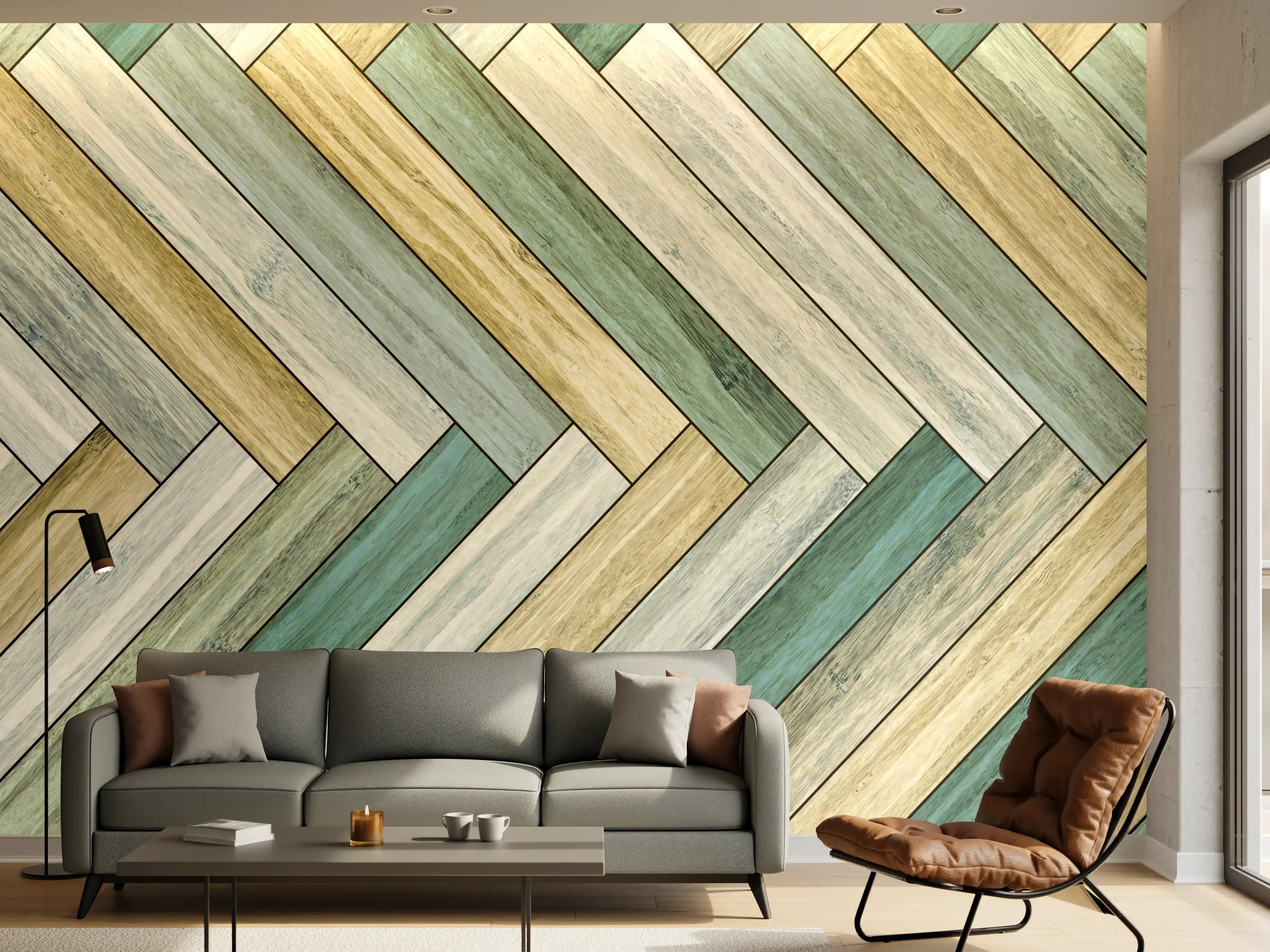 Wandverkleidung Wohnzimmer - Helles Holzparkett mit pastellfarbenen Tönen