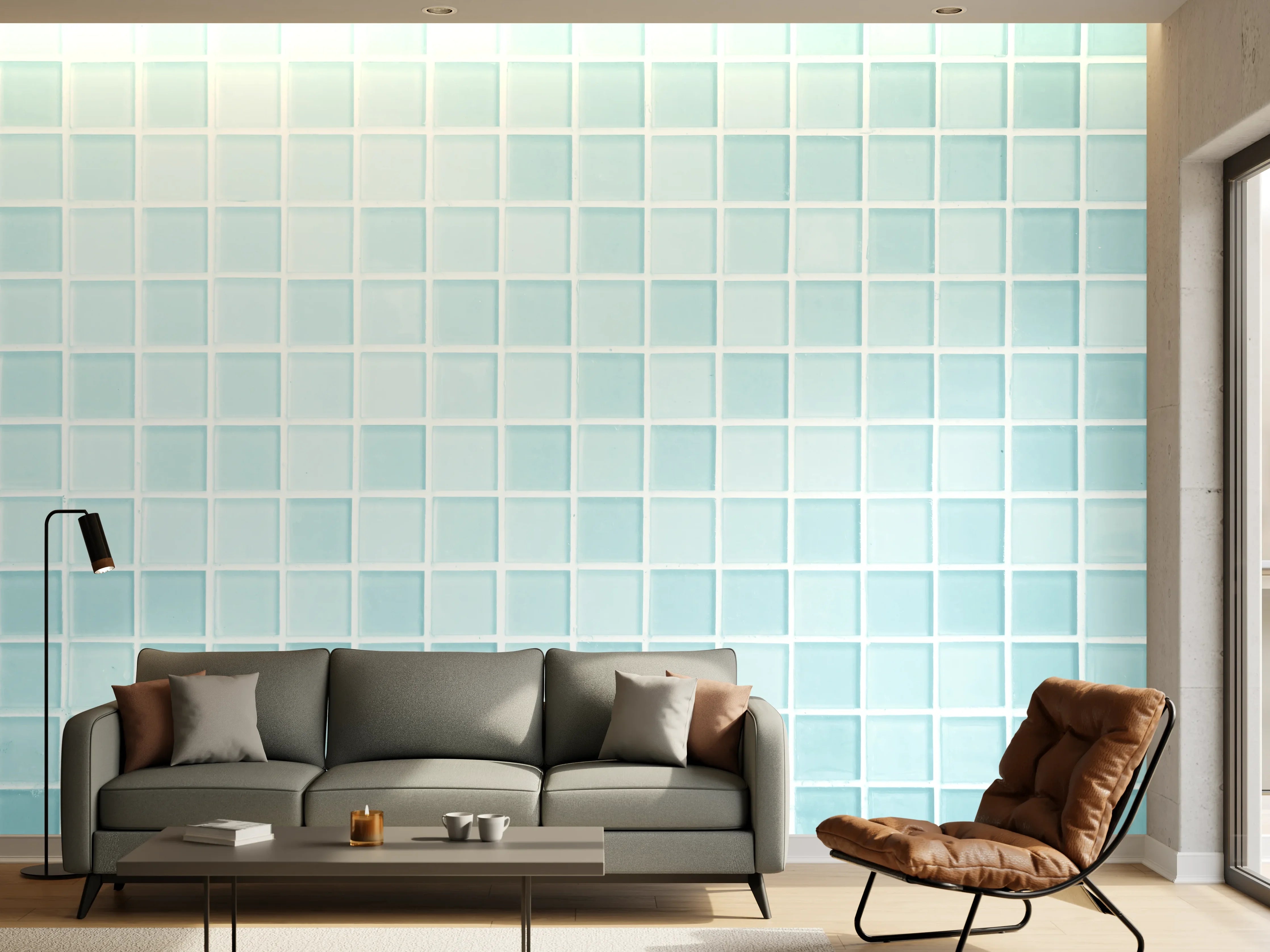 Wandverkleidung Wohnzimmer - Helles Mosaik aus kleinen Fliesen