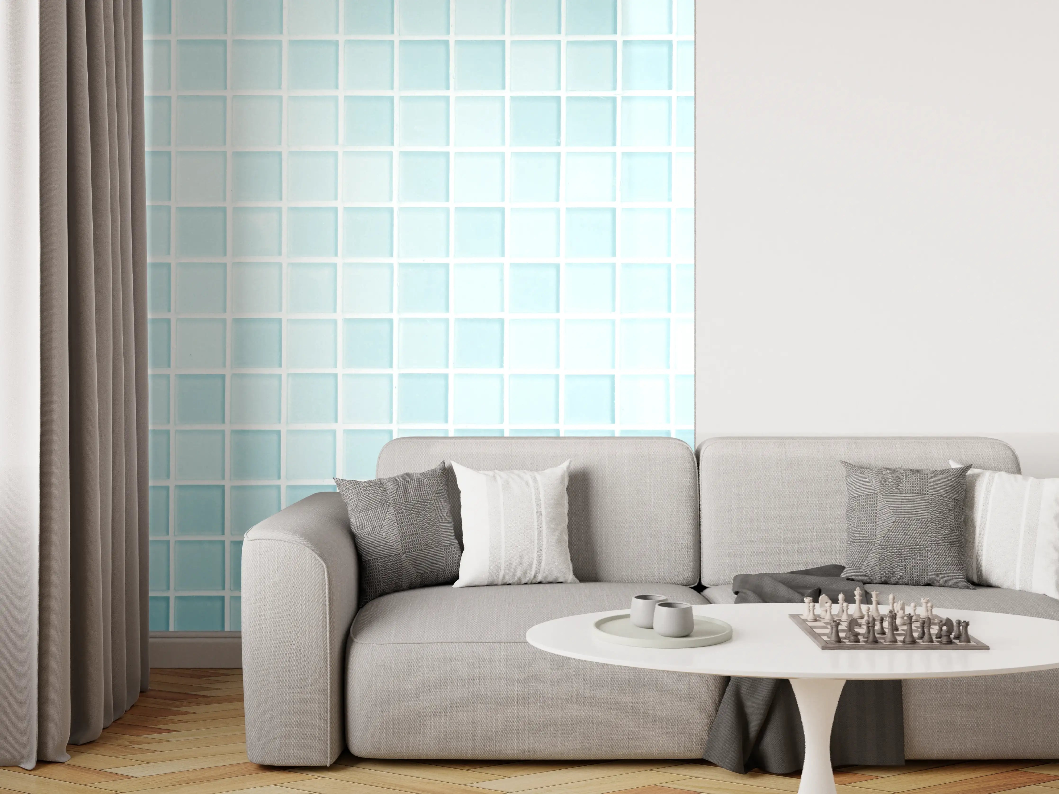 Wandverkleidung Wohnzimmer - Helles Mosaik aus kleinen Fliesen