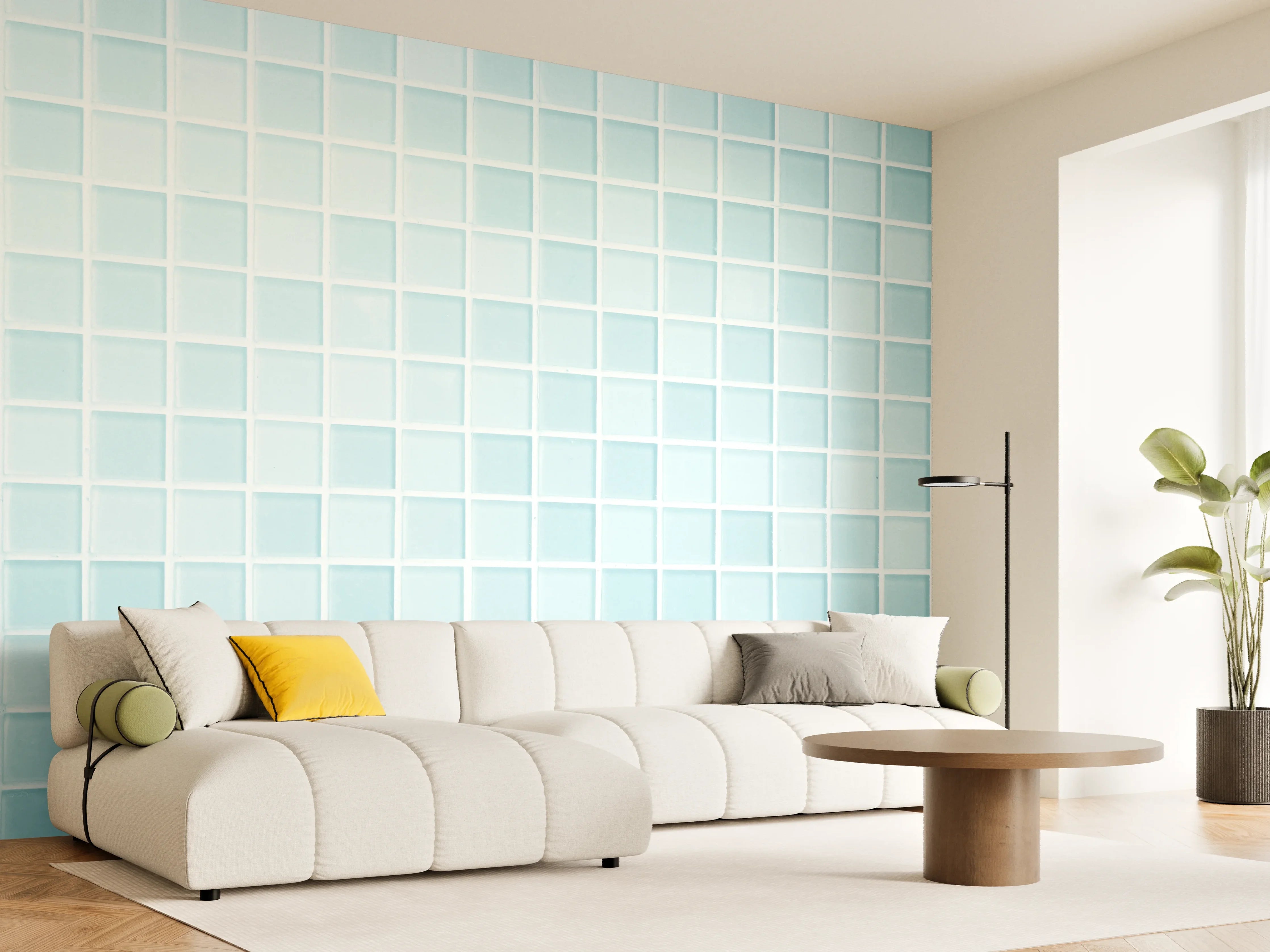 Wandverkleidung Wohnzimmer - Helles Mosaik aus kleinen Fliesen