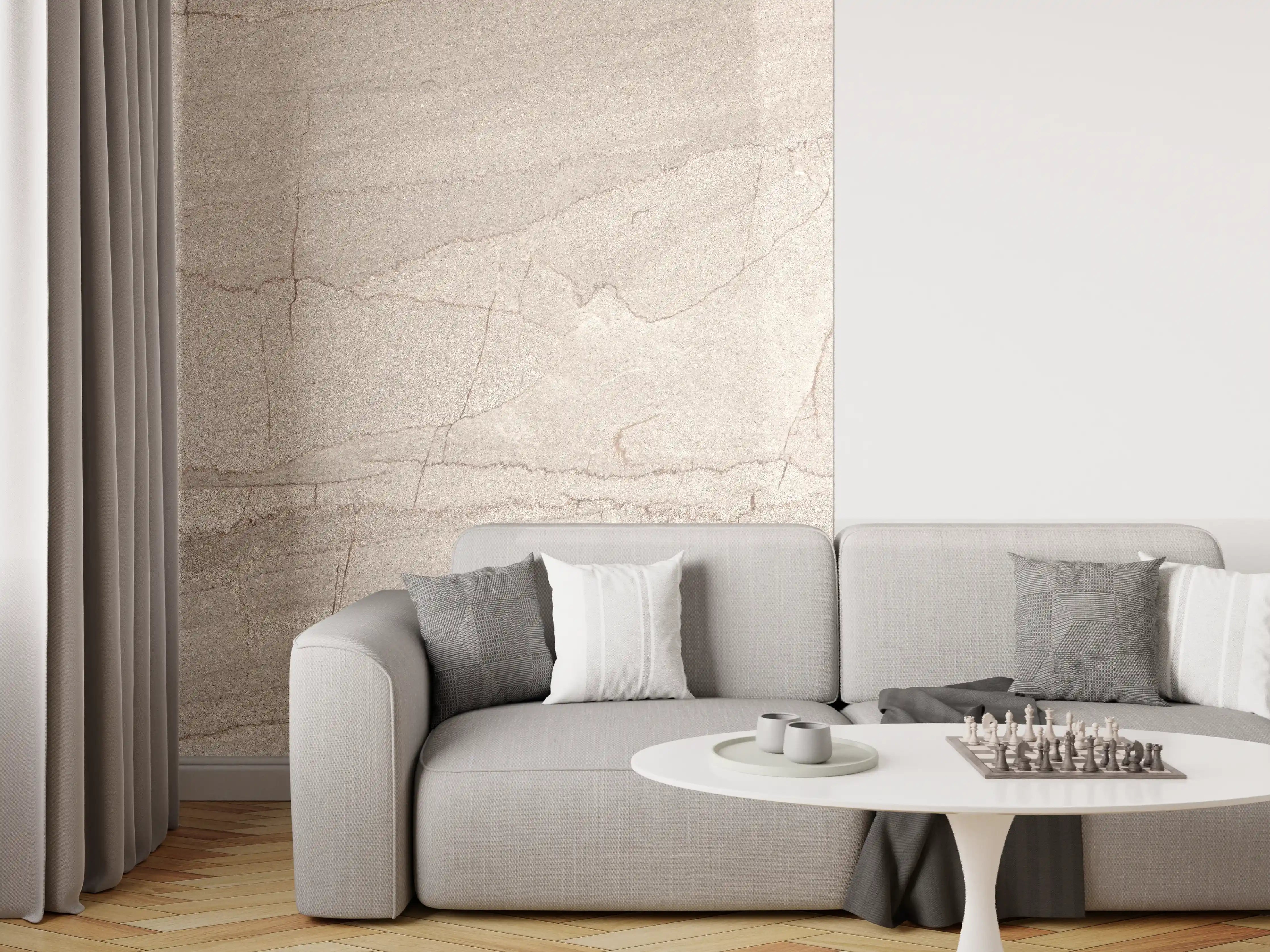 Wandverkleidung Wohnzimmer - Helles Steinmuster in neutralen Farben