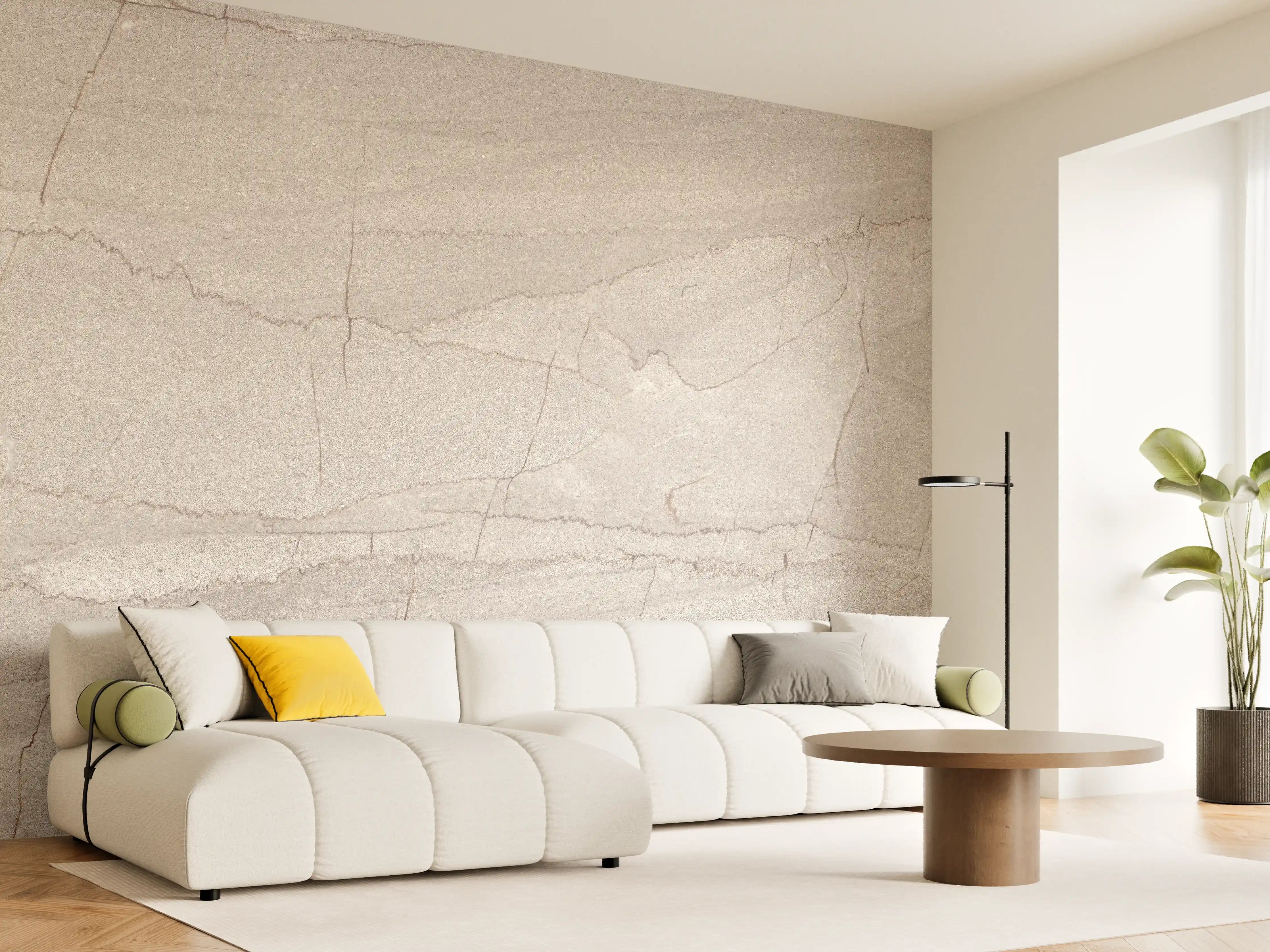 Wandverkleidung Wohnzimmer - Helles Steinmuster in neutralen Farben