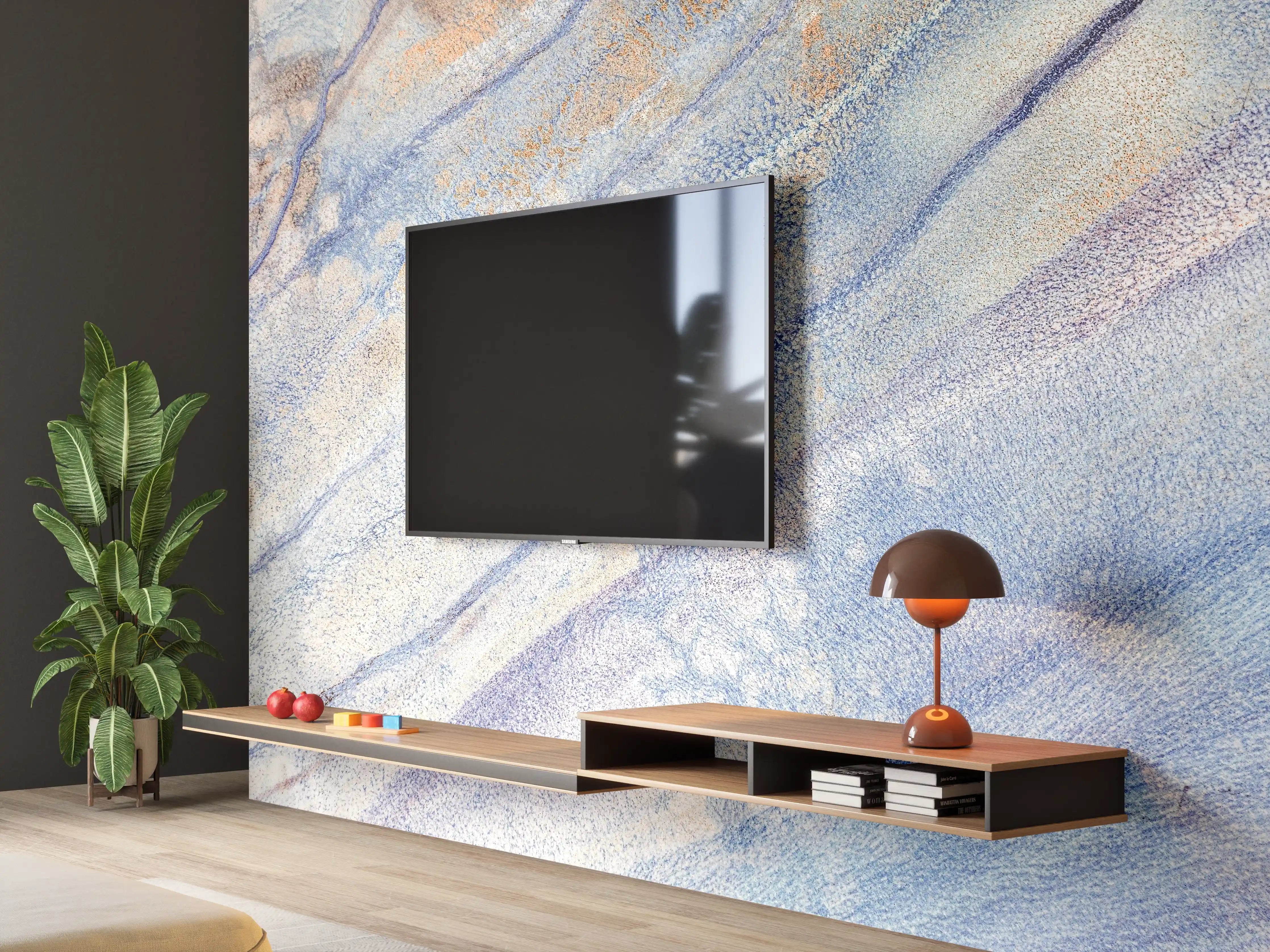 Wandverkleidung Wohnzimmer - Helles Wasserfarben-Aquarell mit Sanften Blau- und Orangetönen