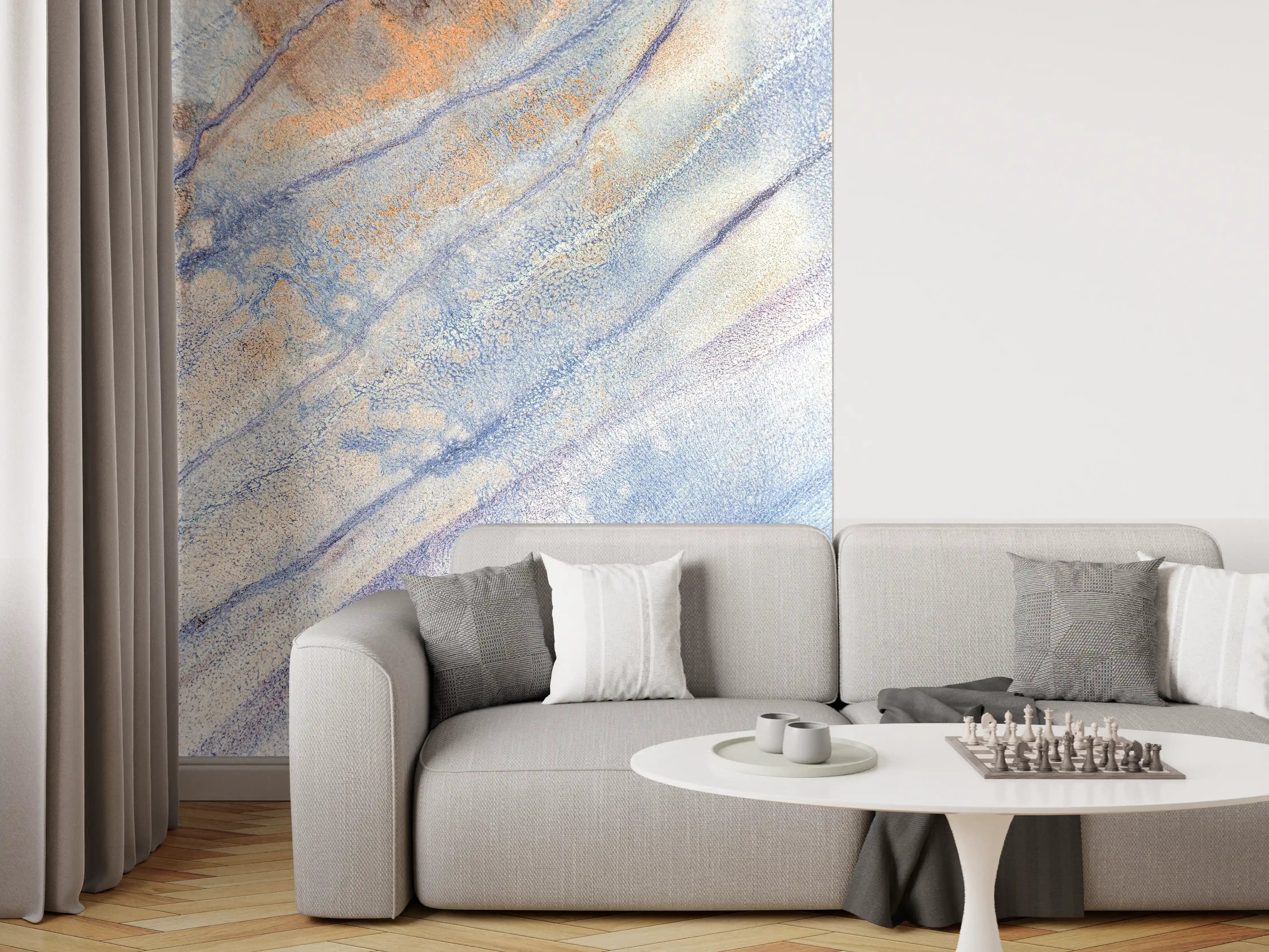 Wandverkleidung Wohnzimmer - Helles Wasserfarben-Aquarell mit Sanften Blau- und Orangetönen