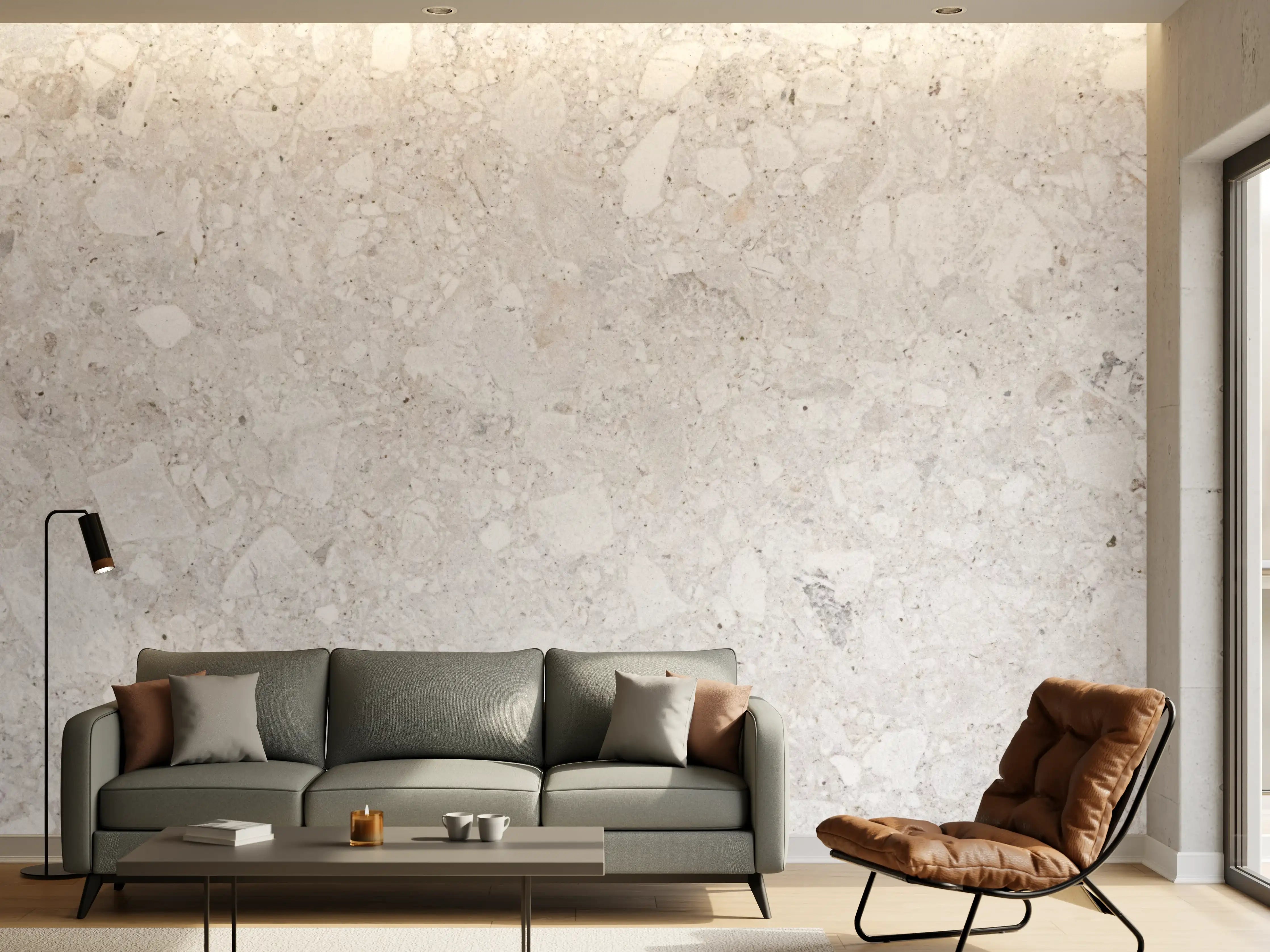 Wandverkleidung Wohnzimmer - Helles, fein strukturiertes Naturstein-Design