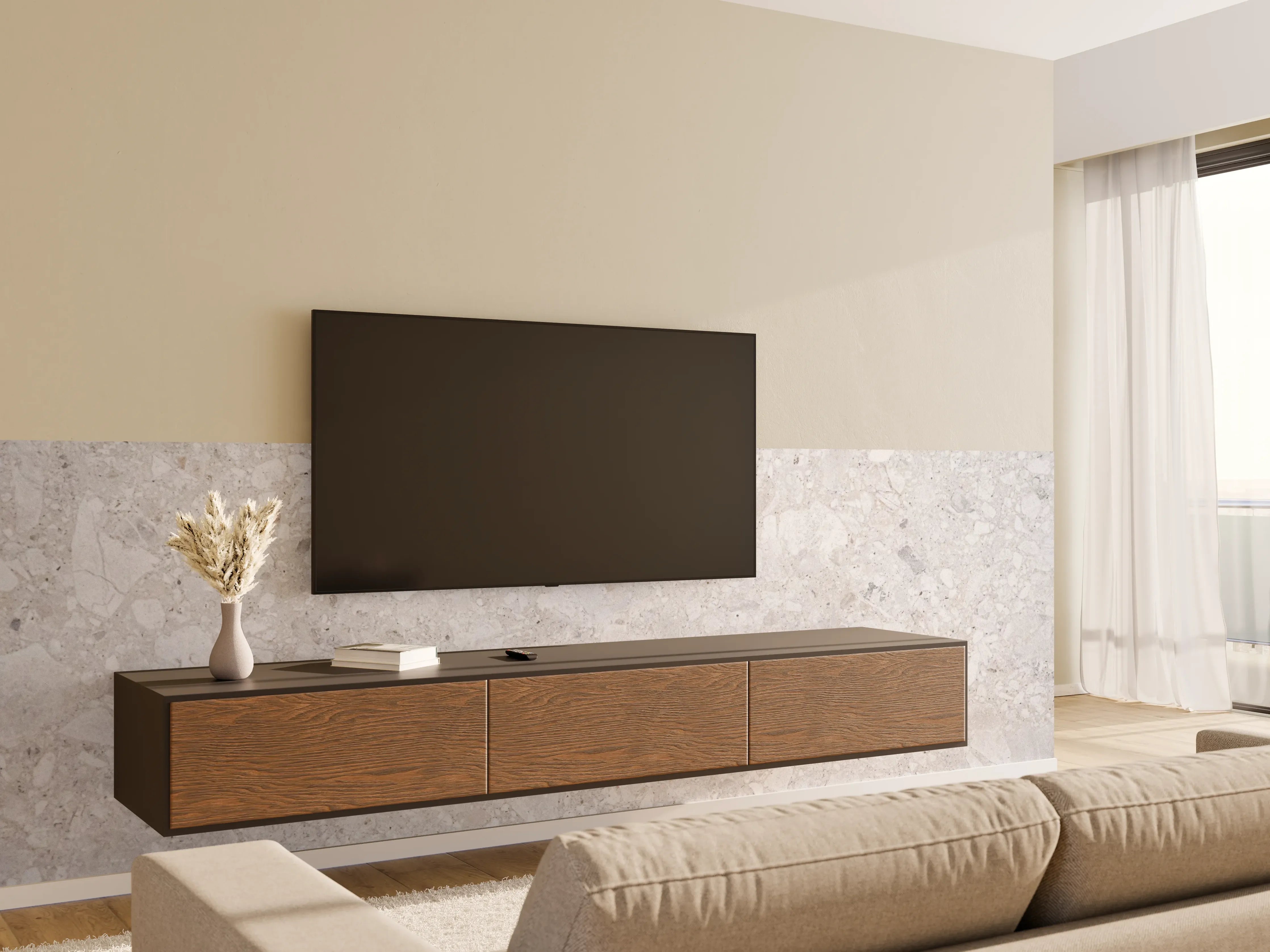 Wandverkleidung Wohnzimmer - Helles, fein strukturiertes Naturstein-Design