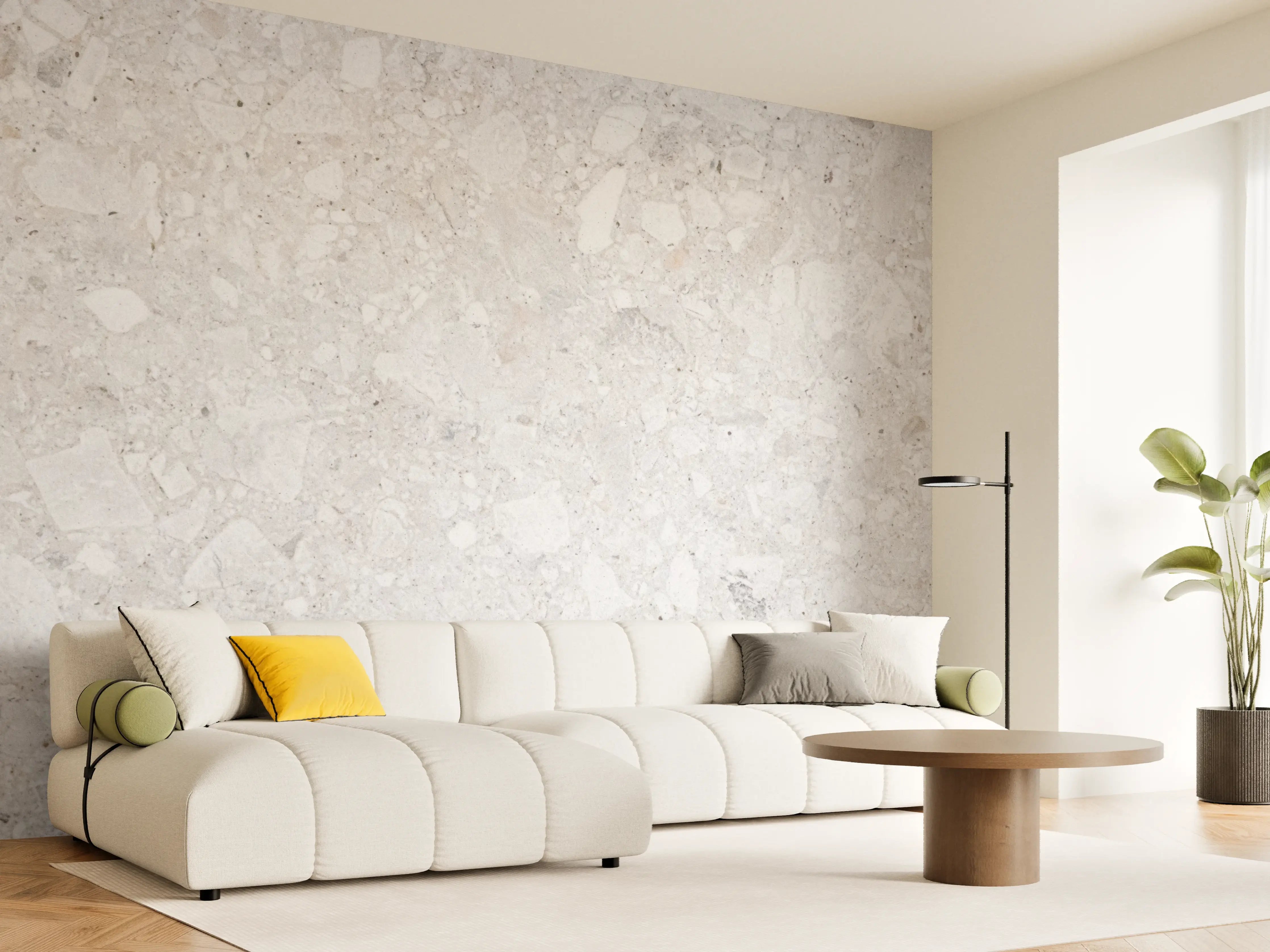 Wandverkleidung Wohnzimmer - Helles, fein strukturiertes Naturstein-Design