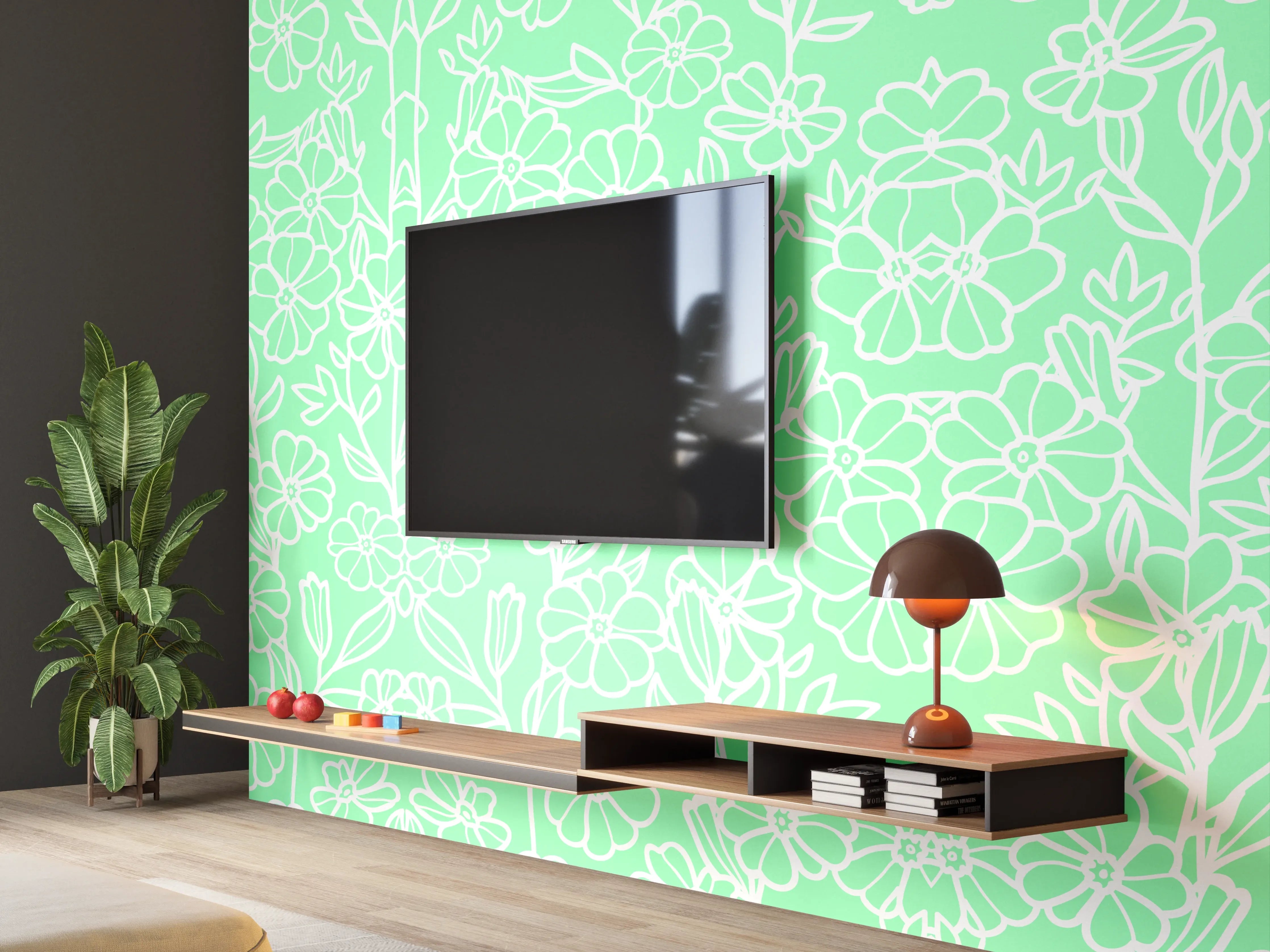 Wandverkleidung Wohnzimmer - Helles, florales Muster in Pastellgrün