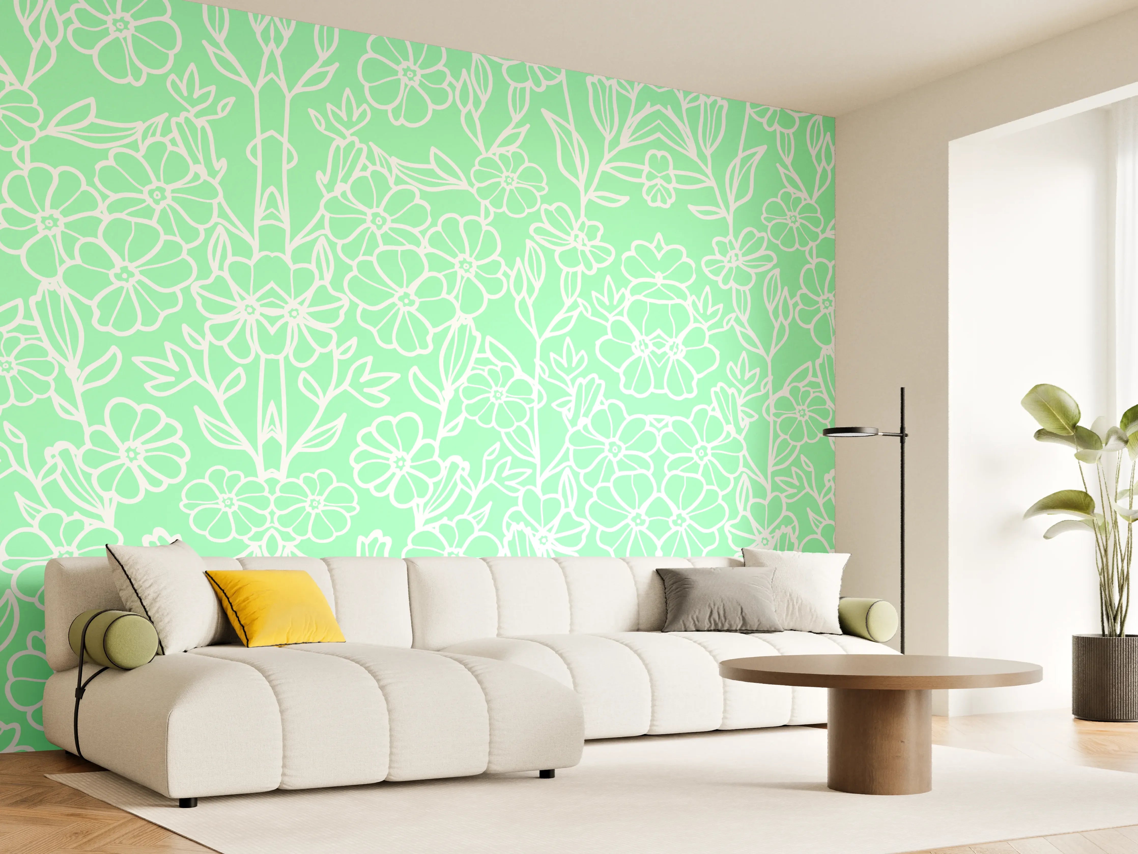 Wandverkleidung Wohnzimmer - Helles, florales Muster in Pastellgrün