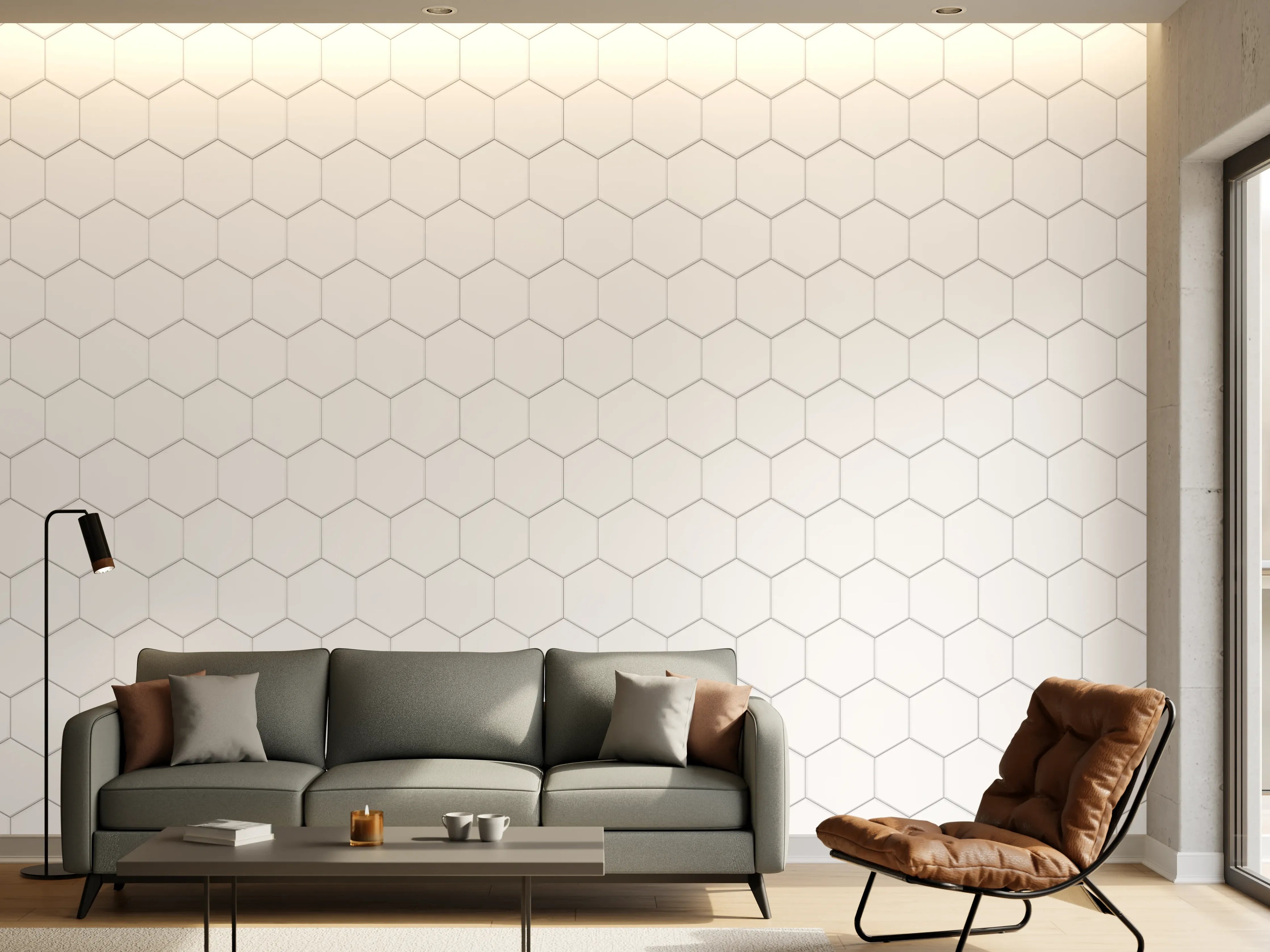 Wandverkleidung Wohnzimmer - Helles, geometrisches Muster mit Hexagon-Design