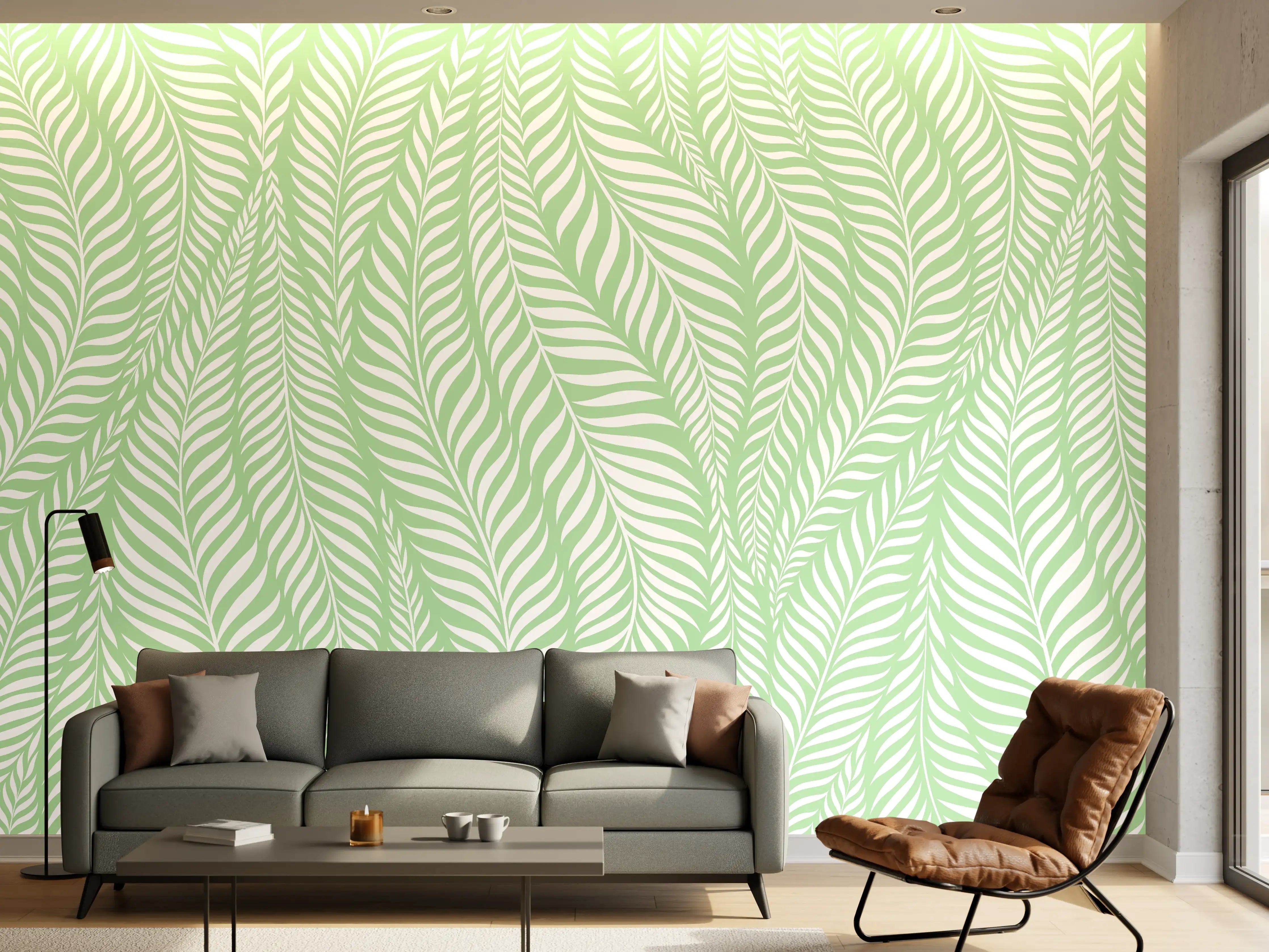 Wandverkleidung Wohnzimmer - Helles, grünes Blättermuster mit filigranen Linien