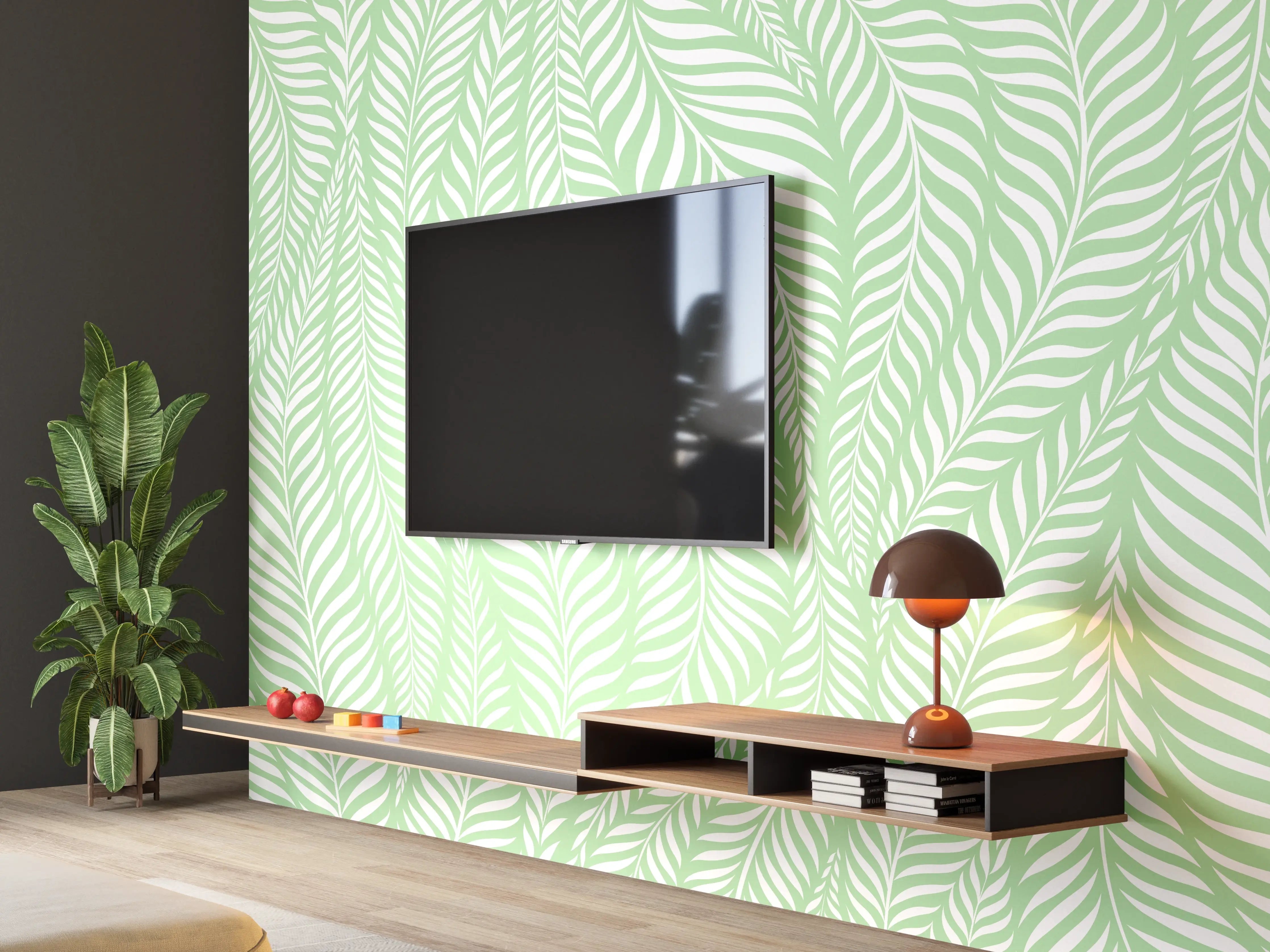 Wandverkleidung Wohnzimmer - Helles, grünes Blättermuster mit filigranen Linien