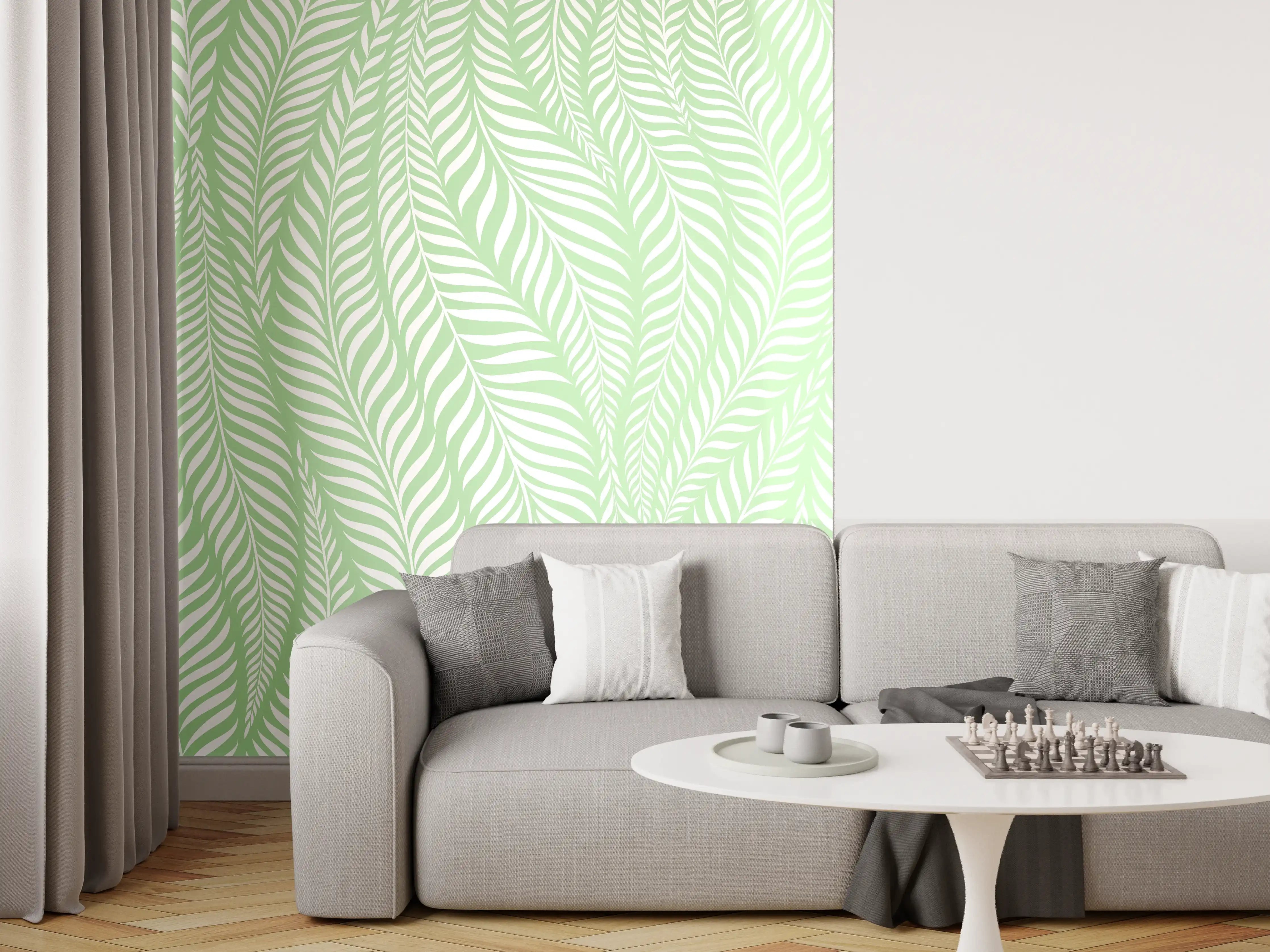 Wandverkleidung Wohnzimmer - Helles, grünes Blättermuster mit filigranen Linien