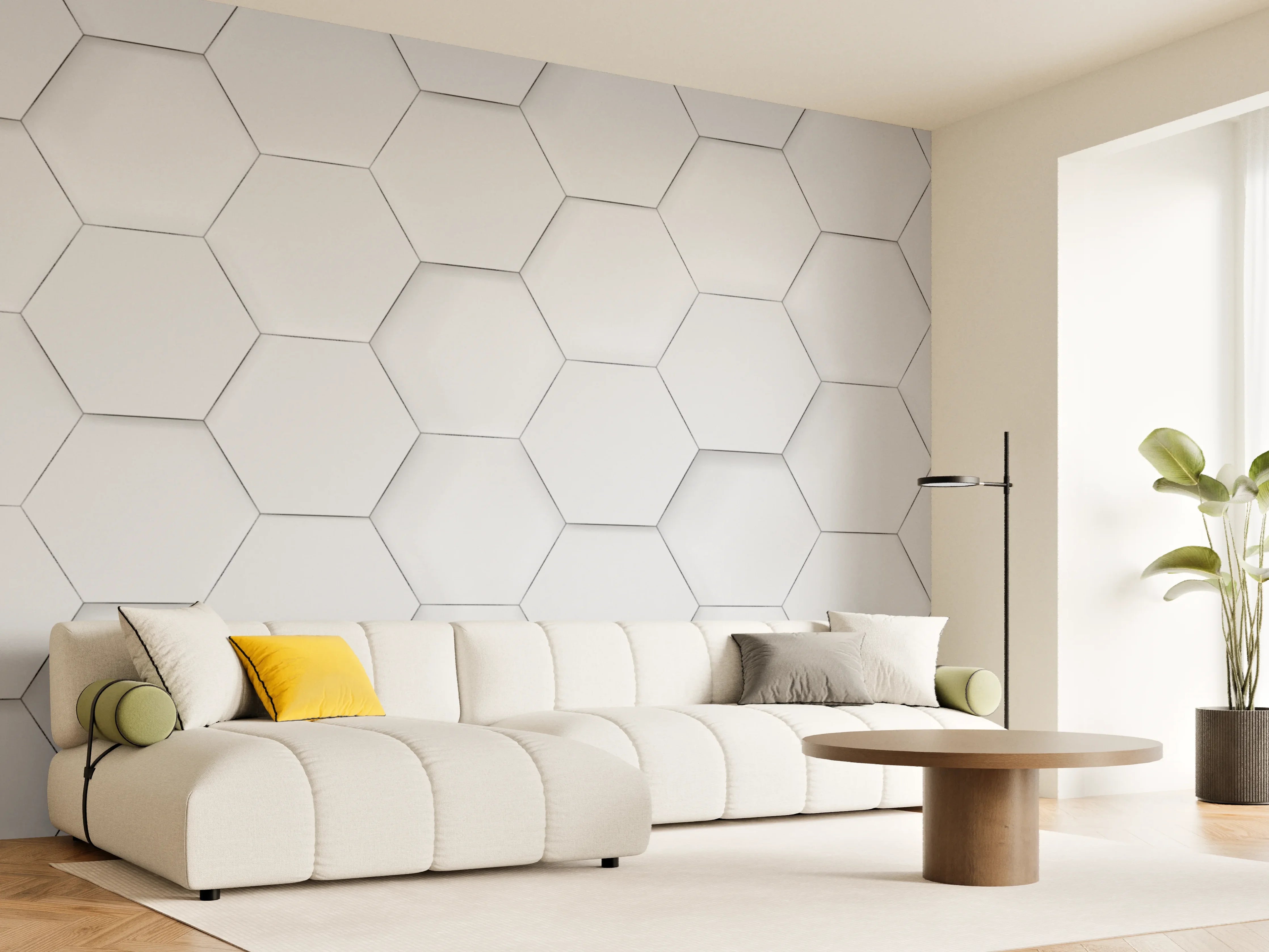 Wandverkleidung Wohnzimmer - Helles, modernes Fliesenmuster